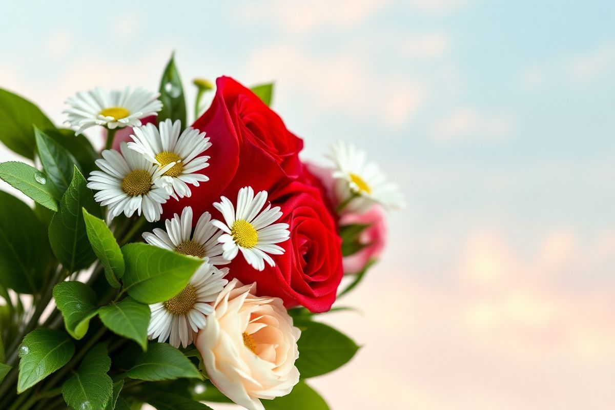 A serene and inviting scene captures a close-up of a heart-shaped arrangement of various flowers, symbolizing the health and vitality of the heart. The centerpiece features vibrant red roses, representing love and strength, surrounded by delicate white daisies and soft pink peonies, adding a gentle touch of elegance. Lush green leaves interspersed amongst the blossoms provide a fresh, natural contrast, while dew drops glisten on the petals, enhancing the photorealistic quality of the image. In the background, a subtle blurred effect of a calm, pastel-colored sky creates a peaceful ambiance, evoking feelings of hope and wellness. The overall composition radiates warmth and tranquility, inviting viewers to reflect on the importance of heart health and the beauty of life. This decorative image serves as a perfect visual metaphor for the essence of caring for one’s cardiovascular health in the context of mitral valve regurgitation.