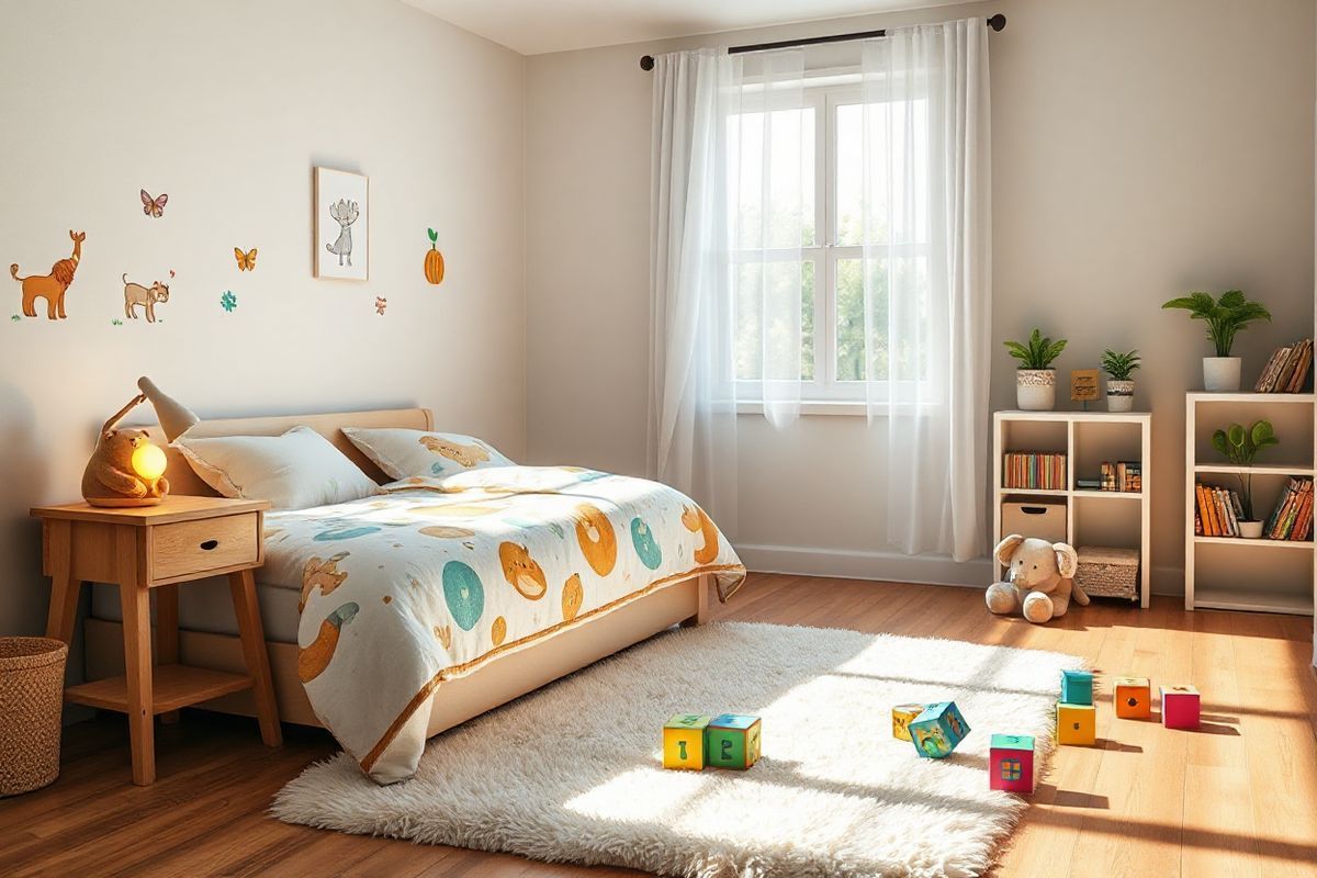 A serene and cozy child’s bedroom bathed in soft, natural light. The focal point is a plush, inviting bed adorned with a colorful quilt featuring whimsical animal patterns. Beside the bed, a small wooden nightstand holds a gentle nightlight shaped like a teddy bear, casting a warm glow. On the walls, cheerful illustrations of animals and nature create a soothing atmosphere. A window with sheer curtains allows sunlight to filter in, illuminating a plush rug on the wooden floor, where a few scattered toys, including a stuffed elephant and colorful building blocks, are playfully arranged. In the corner, a small bookshelf filled with children’s books invites exploration. A cheerful plant sits on the windowsill, adding a touch of greenery. The overall scene evokes a sense of calm and security, making it an ideal environment for a child, particularly one who may need extra comfort and care, such as a child with autism experiencing the discomfort of ear infections. The image captures the essence of a nurturing space where a child can feel safe and supported during times of illness.