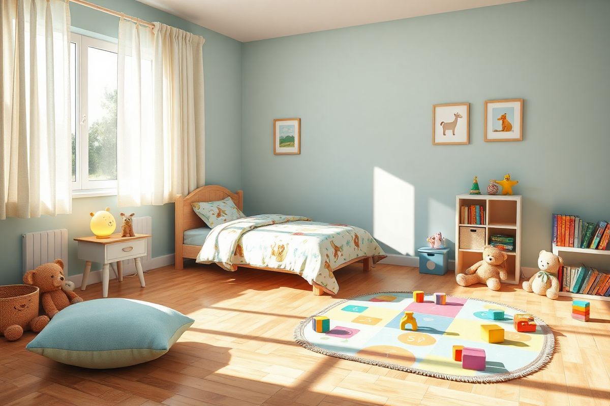 A serene and inviting child’s bedroom is depicted, exuding a sense of warmth and comfort. Sunlight streams through a large window adorned with soft, colorful curtains, casting gentle patterns on the hardwood floor. In the center of the room, a cozy bed is covered with a plush, patterned quilt featuring playful animals, inviting a child to snuggle in. Beside the bed, a small nightstand holds a whimsical night lamp shaped like an animal, emitting a soft glow. On the wall, framed pictures of vibrant landscapes and friendly animals add a touch of cheerfulness.   In one corner, a vibrant play mat is spread out, surrounded by an assortment of plush toys, including teddy bears and colorful blocks, encouraging imaginative play. A small bookshelf filled with children’s books stands nearby, inviting exploration and learning. The overall color palette is soft and soothing, featuring pastel hues of blue, green, and yellow, creating a tranquil environment. This idyllic setting conveys a sense of safety and nurturing, perfectly complementing the themes of caring for children, particularly those with autism, as discussed in the accompanying text.