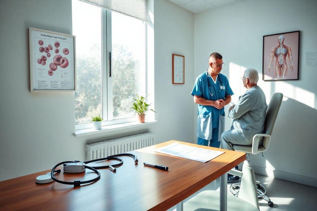 A photorealistic image depicting a serene clinical setting, highlighting a well-lit examination room in a modern medical facility. The room features a large window allowing natural light to flood in, casting soft shadows on the light-colored walls. In the foreground, a polished wooden desk is adorned with medical tools, a stethoscope, and neatly arranged charts, suggesting a focus on hematology. To one side, there’s a comfortable examination chair with a plush cushion, inviting patients to sit. On the walls, framed anatomical diagrams of blood cells and the human circulatory system provide educational context. A small potted plant sits on the windowsill, adding a touch of warmth and life to the scene. In the background, a medical professional, dressed in scrubs, is gently conversing with an elderly patient, creating an atmosphere of care and compassion. The overall color palette is calming, with soft blues and greens, conveying a sense of safety and professionalism, reflecting the importance of health and well-being in the management of Chronic Lymphocytic Leukemia and thrombocytopenia.