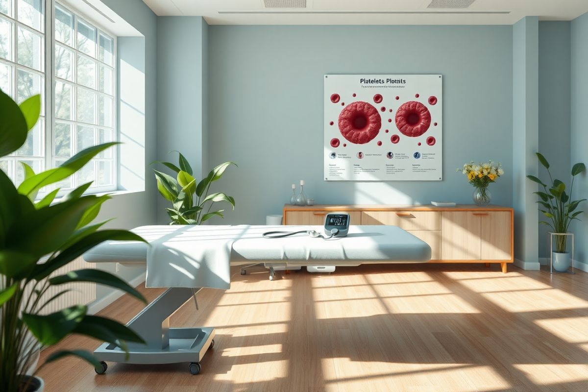 A serene, photorealistic depiction of a tranquil clinical setting focused on thrombocytopenia and Chronic Lymphocytic Leukemia (CLL). The image features a well-lit examination room with soft, natural light filtering through large windows, casting gentle shadows on the polished wooden floor. In the foreground, a sleek, modern examination table is draped with a crisp white sheet, evoking a sense of cleanliness and professionalism. A digital blood pressure monitor and a stethoscope rest neatly on the table, symbolizing patient care.  In the background, a wall-mounted chart displays a detailed yet elegant illustration of blood cells, specifically highlighting platelets and their role in clotting, surrounded by lush green plants that promote a calming atmosphere. A small vase of fresh flowers sits on a nearby counter, adding a touch of warmth and vibrancy to the scene. The overall color palette is composed of soft blues and greens, creating a peaceful ambiance that conveys hope and healing, while subtly hinting at the medical themes of thrombocytopenia and CLL without being overt or clinical.