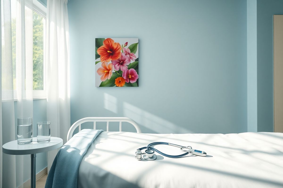 A photorealistic image depicting a serene clinical setting in a hospital room. The room is softly illuminated with natural light filtering through sheer white curtains, casting gentle shadows on the pale blue walls. In the foreground, a neatly made hospital bed is adorned with crisp white sheets and a light blue blanket, symbolizing comfort. A small bedside table holds a clear glass of water and a digital thermometer, emphasizing the importance of monitoring health.   On the wall, a vibrant painting of tropical flowers, such as hibiscus and orchids, adds a splash of color, representing vitality and healing. In the background, a window reveals a lush green garden outside, suggesting recovery and tranquility. A stethoscope lies casually on the bed, hinting at the medical attention being provided. The overall atmosphere conveys a sense of calmness and hope, ideal for patients experiencing severe health conditions, including fever and thrombocytopenia. The composition balances clinical realism with a warm, inviting ambiance, creating a visual narrative that signifies care, recovery, and the intricate relationship between health and nature.