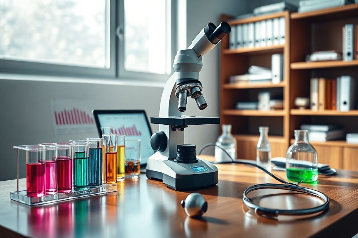 A photorealistic image of a clinical laboratory setting, showcasing a close-up of a microscope on a polished wooden table. The microscope is surrounded by various glass laboratory equipment, including test tubes filled with vibrant-colored liquids, pipettes, and a digital tablet displaying a platelet count chart. Soft, diffused lighting filters through a nearby window, casting gentle shadows and highlighting the intricate details of the microscope’s lenses. In the background, a neatly organized shelf holds medical textbooks and research journals, while a stethoscope rests casually on the table. The atmosphere conveys a sense of scientific inquiry and professionalism, reflecting the importance of understanding thrombocytopenia and its implications. The image captures the essence of a modern medical environment, inviting the viewer to contemplate the complexities of blood disorders and the critical role of laboratory analysis in patient care.