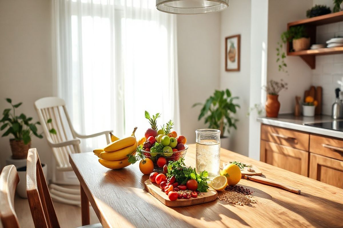 A serene and inviting scene depicting a cozy, sunlit kitchen designed for an expecting mother. The focal point is a wooden dining table adorned with a vibrant array of fresh fruits and vegetables, symbolizing healthy eating. In the background, soft sunlight filters through sheer white curtains, casting gentle shadows across the room. A bowl of colorful fruits, including bananas, apples, and berries, sits prominently on the table, accompanied by a pitcher of infused water with slices of lemon and mint leaves. Nearby, a well-organized countertop features a cutting board with chopped greens and whole grains, emphasizing nutritious meal preparation. On one side, a comfortable rocking chair is positioned next to a window, inviting relaxation and reflection. The walls are painted in soft pastels, creating a calming atmosphere. Potted plants add a touch of greenery, enhancing the sense of life and health. The overall ambiance evokes warmth and tranquility, embodying the nurturing environment essential for managing gestational diabetes while highlighting the importance of a healthy lifestyle during pregnancy.