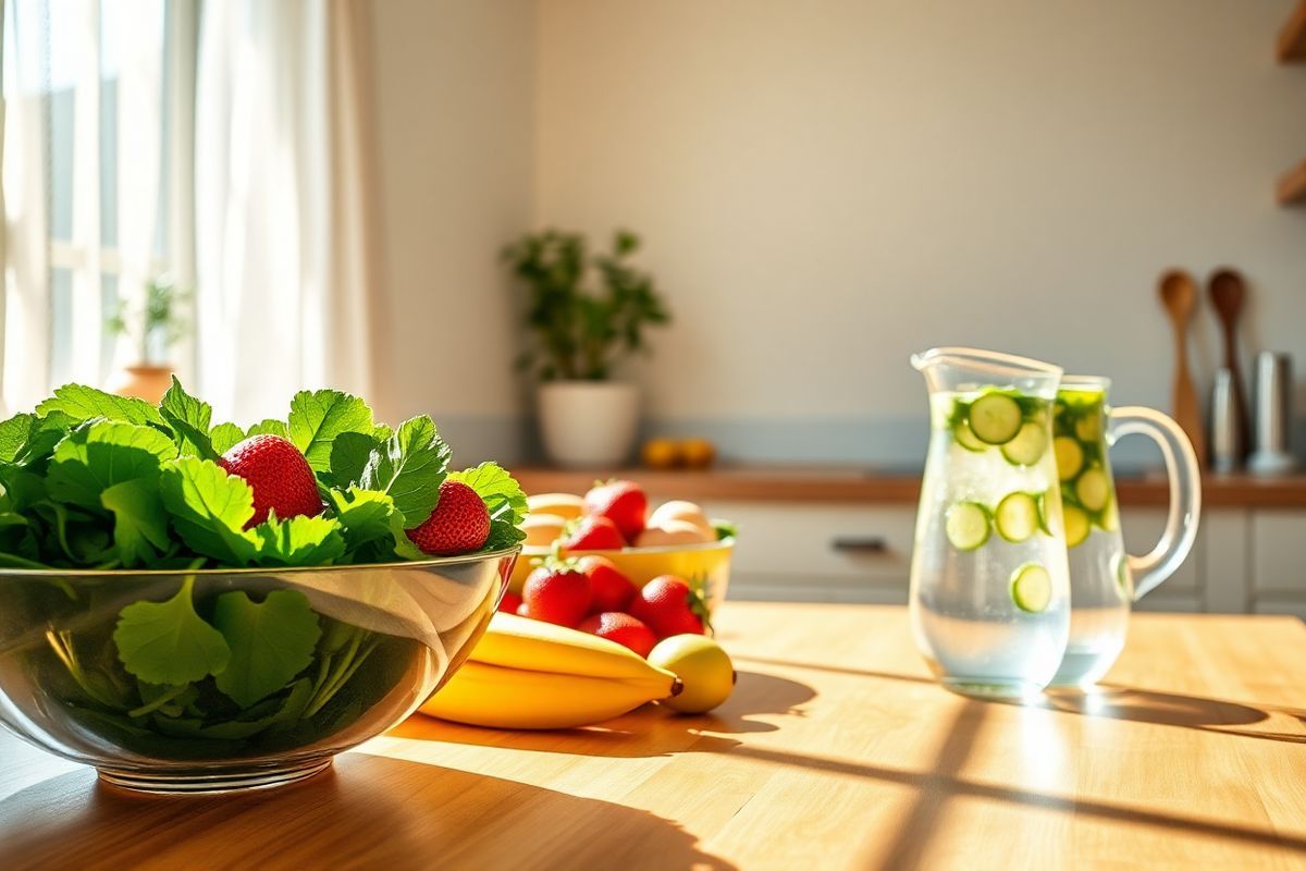 A serene and inviting scene unfolds in a sunlit kitchen, where a wooden dining table is adorned with a vibrant spread of fresh fruits and vegetables, symbolizing a healthy diet for managing gestational diabetes. On one side of the table, a bowl brimming with bright green spinach, juicy red strawberries, and golden bananas showcases the importance of nutritious choices. Nearby, a glass pitcher filled with infused water, featuring slices of cucumber and lemon, offers a refreshing drink option. The kitchen’s soft, warm lighting enhances the welcoming ambiance, with light streaming through a window adorned with delicate sheer curtains. In the background, a plant sits on the windowsill, adding a touch of nature, symbolizing growth and vitality. The walls are painted in a soft pastel hue, creating a calm and tranquil setting. A few kitchen utensils are neatly arranged on the counter, emphasizing organization and the ease of preparing healthy meals. This photorealistic image captures the essence of a healthy lifestyle, reflecting both the nurturing aspect of pregnancy and the importance of managing gestational diabetes through mindful eating habits.