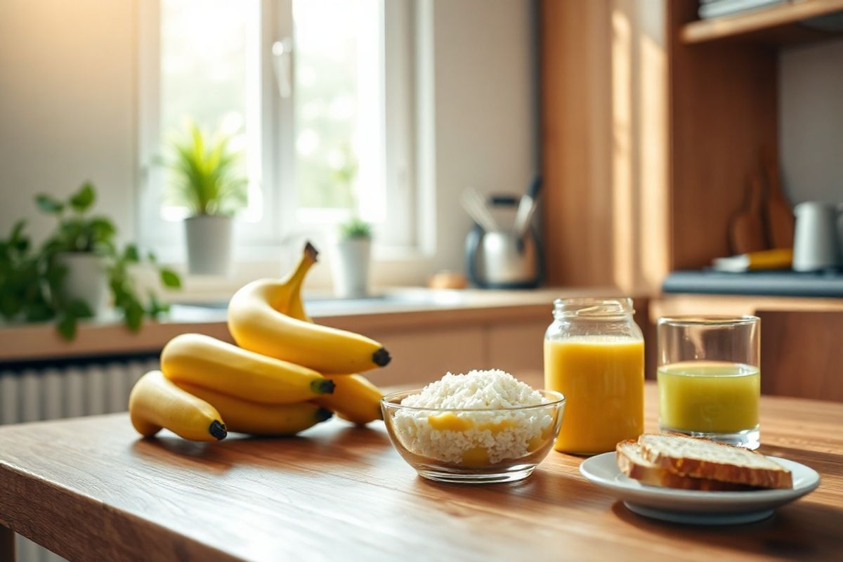 A photorealistic image depicting a serene and calming kitchen scene, bathed in warm, natural light filtering through a window. The focus is on a wooden dining table adorned with a simple yet elegant arrangement of fresh ingredients such as ripe bananas, fluffy white rice in a bowl, and applesauce in a glass jar, symbolizing dietary recommendations for managing digestive health. In the background, a soft-focus view of a well-organized kitchen with green plants on the windowsill and a few cooking utensils hints at a nurturing environment. The atmosphere is tranquil and inviting, emphasizing the importance of comfort and care in a patient’s journey through lung cancer treatment. Subtle details, like a glass of clear water and a small plate with soft toast, enhance the sense of wellness and self-care, creating a harmonious blend of health and home. The overall color palette features soft earth tones, with pops of green and yellow, promoting a sense of hope and vitality amidst the challenges of illness.