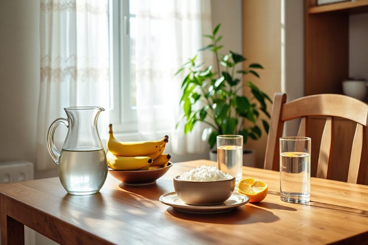 A serene and inviting scene depicting a cozy, well-lit kitchen with a focus on a wooden dining table set for a light meal. The table features a beautifully arranged bowl of fresh bananas, rice in a charming ceramic dish, and a small plate of applesauce, emphasizing the digestive health theme. Nearby, a clear glass pitcher filled with refreshing water and a few lemon slices sits alongside a tall glass, showcasing the importance of hydration. Soft, natural light filters through a window adorned with delicate curtains, casting gentle shadows and highlighting the warm tones of the wooden furniture. In the background, a vibrant green potted plant adds a touch of life to the space, symbolizing health and vitality. The overall atmosphere conveys a sense of calm and care, reflecting a supportive environment for lung cancer patients managing their dietary needs. The image invites viewers to appreciate the significance of nutritious food choices and hydration in maintaining well-being during treatment.