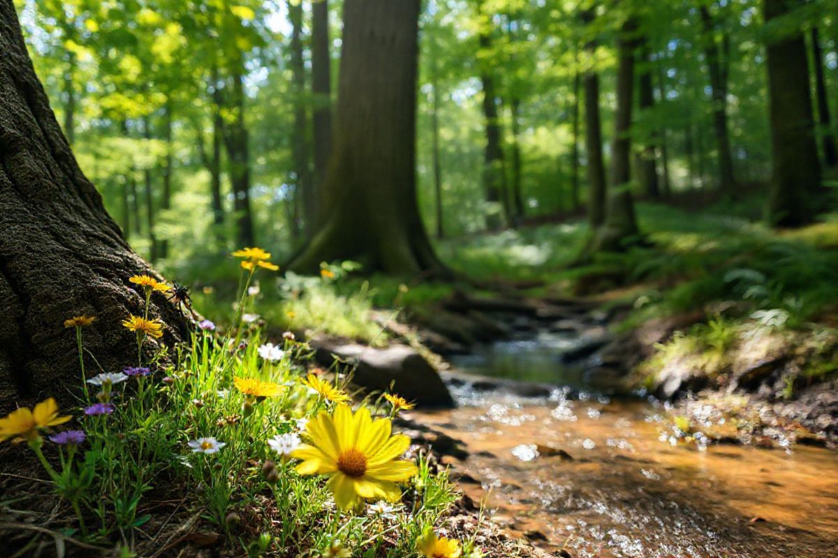 A close-up photorealistic image of a serene forest setting, bathed in soft, dappled sunlight filtering through the lush green canopy of leaves overhead. In the foreground, a variety of wildflowers bloom in vibrant colors—yellows, purples, and whites—adding a splash of color against the earthy brown soil. A small, clear stream gently flows through the scene, reflecting the sunlight and creating a sense of tranquility. On a nearby tree trunk, a small blacklegged tick is depicted, emphasizing the connection to Lyme disease without being alarming. The background features a blend of tall trees, their bark textured and rugged, and a soft undergrowth of ferns and moss, inviting a sense of natural beauty and peace. The overall atmosphere is calm and inviting, capturing the essence of nature while subtly hinting at the importance of awareness in this environment. The image evokes feelings of both wonder and caution, perfectly complementing the discussion of Lyme disease’s hidden impacts, including its effects on health, while showcasing the beauty and complexity of the natural world.