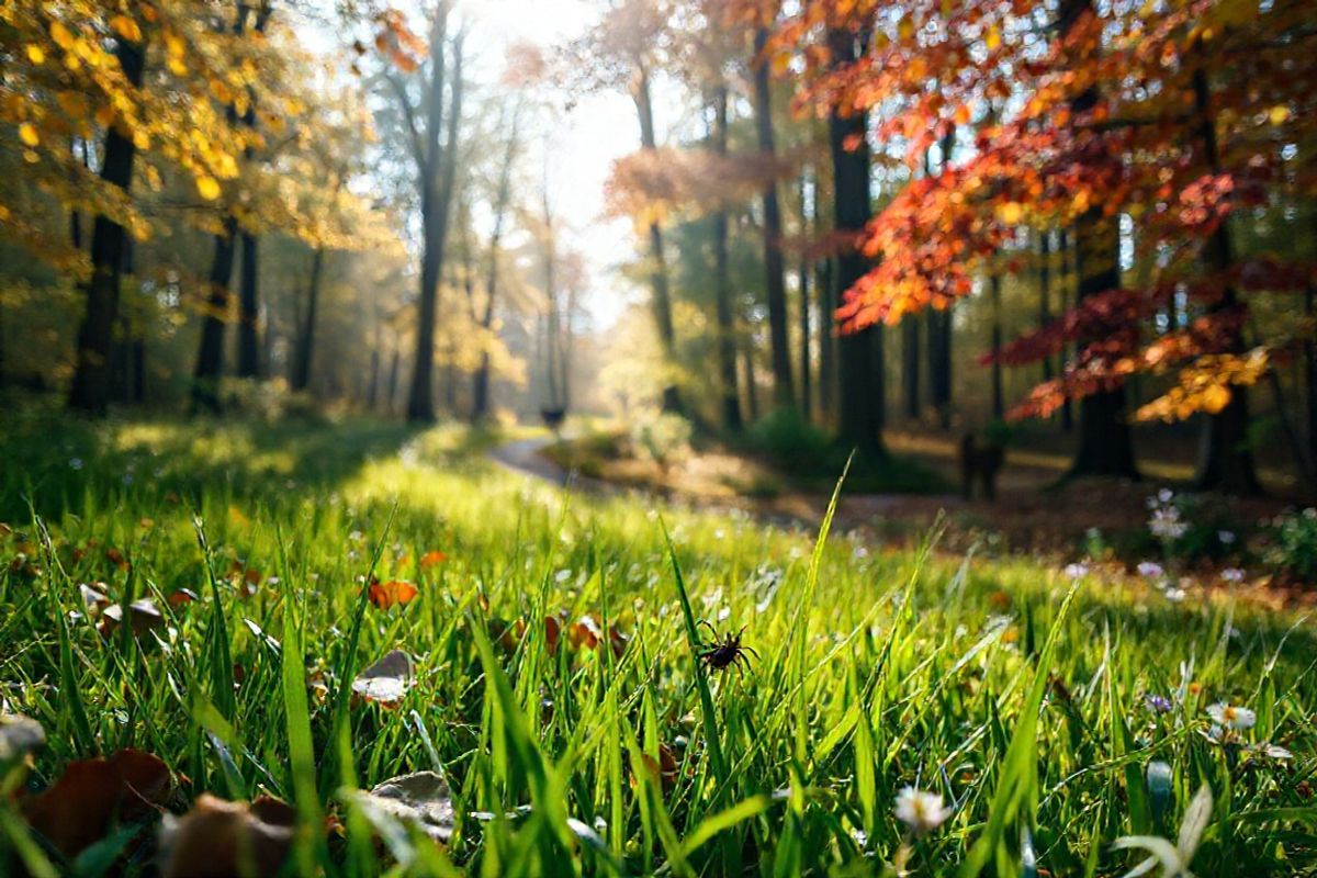 A photorealistic decorative image featuring a serene forest scene during early autumn, where golden and crimson leaves gently fall from tall trees. In the foreground, a close-up view of a dewy green grass patch reveals a tiny blacklegged tick perched on a blade of grass, symbolizing the hidden danger of Lyme disease. The background showcases a soft, diffused sunlight filtering through the leaves, casting dappled shadows on the forest floor, enhancing the tranquil yet slightly ominous atmosphere. Scattered among the foliage are wildflowers in delicate hues of purple and white, representing the beauty of nature that can coexist with unseen threats. A winding path, partially obscured by leaves, invites viewers to explore further, while a distant silhouette of a deer can be seen, embodying the wildlife that inhabits tick-prone areas. The overall composition evokes a sense of calm and awareness, reminding viewers of the intricate balance between nature’s beauty and the health risks it can pose, particularly the connections between Lyme disease and its lesser-known effects on hair health.