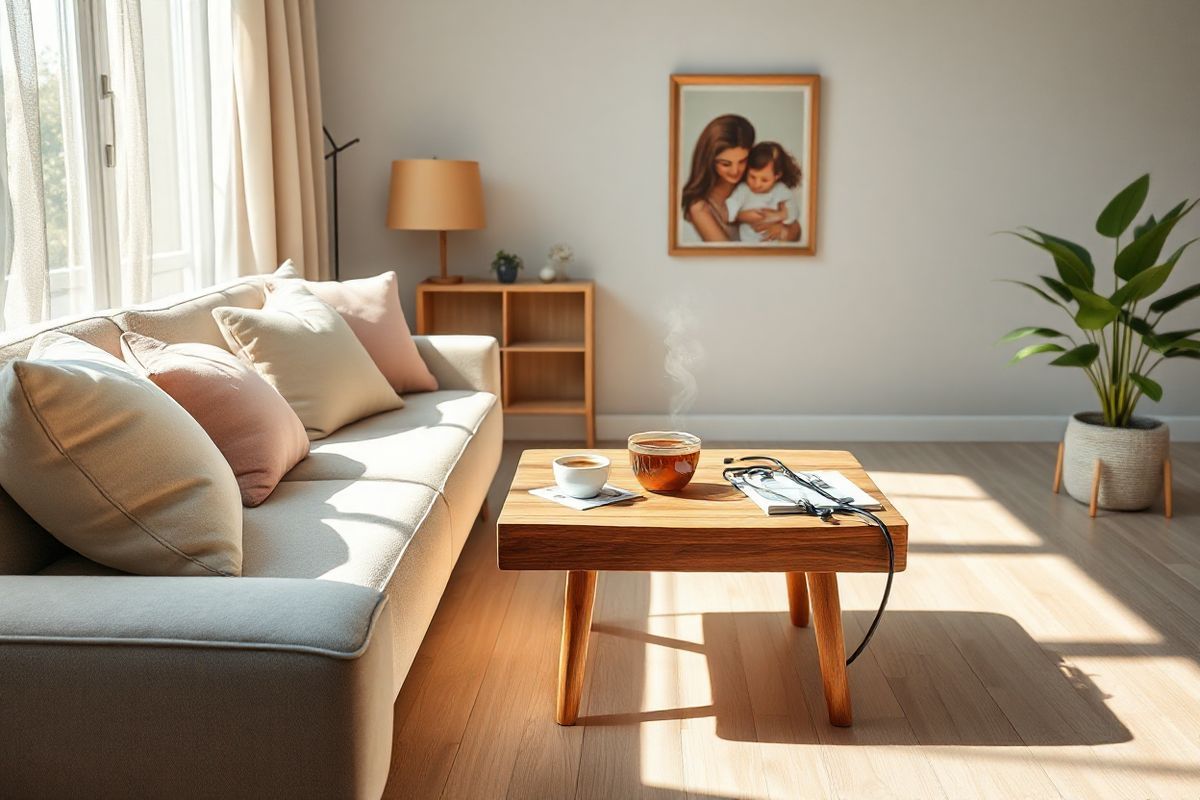 A photorealistic image depicting a serene and comforting home environment in a softly lit living room. The room features a cozy sofa adorned with plush cushions in soothing pastel colors, inviting relaxation. A wooden coffee table in the center holds a steaming cup of herbal tea, surrounded by a few medical pamphlets and a stethoscope, subtly hinting at health awareness. Sunlight filters through sheer curtains, casting gentle shadows on the light hardwood floor, creating a warm and inviting atmosphere. In the background, a family portrait hangs on the wall, showcasing a caring parent with a child, symbolizing vigilance and love. A potted plant sits in the corner, adding a touch of nature and life to the space. The overall ambiance conveys a sense of safety, warmth, and attentiveness to health, reflecting the importance of recognizing symptoms and nurturing care in a family setting.