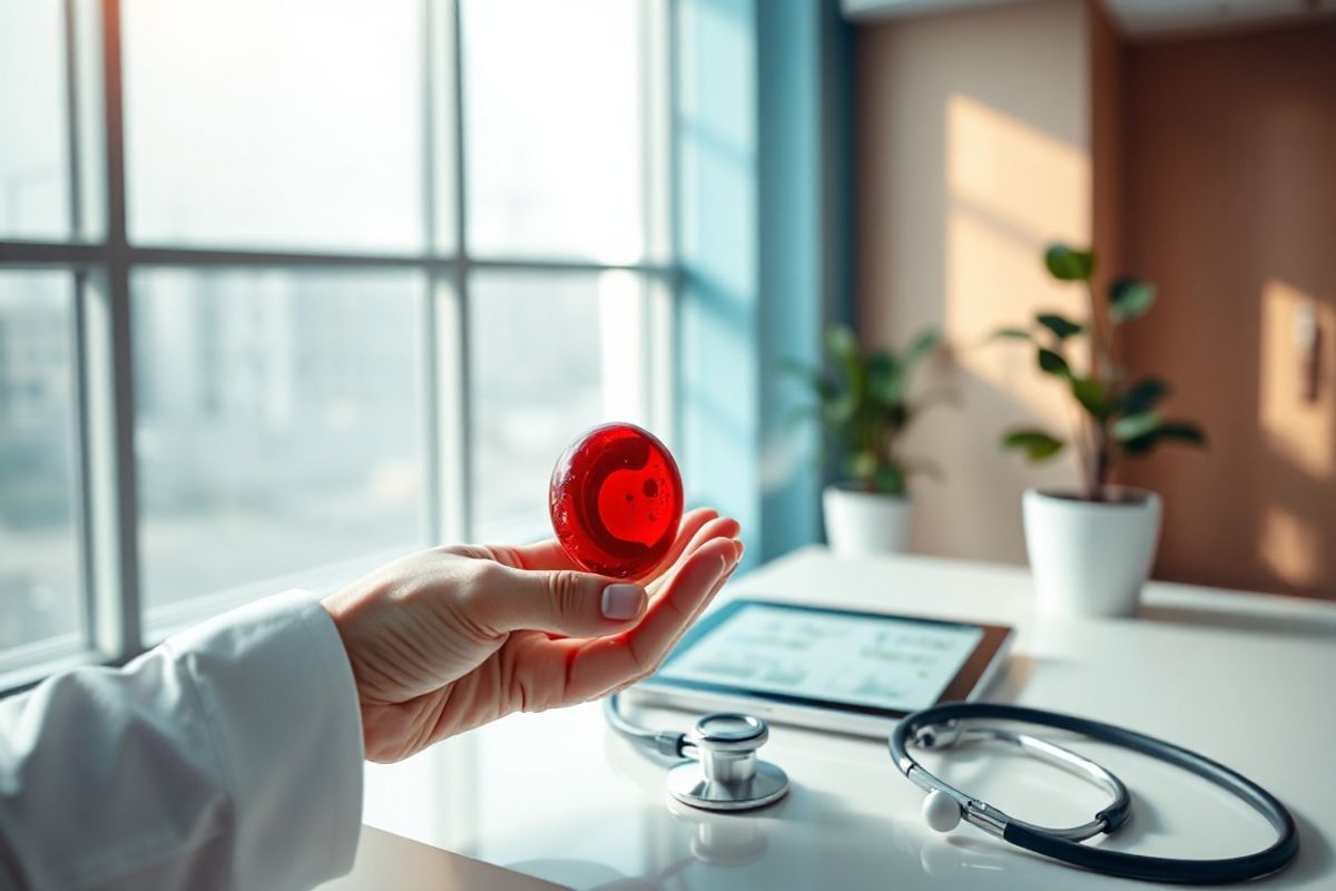 A photorealistic decorative image captures a serene medical setting, featuring a close-up of a hand holding a red blood cell model, intricately designed to illustrate the sickle shape characteristic of sickle cell anemia. The background is softly blurred, showcasing a modern hospital environment with a warm color palette, including shades of soft blue and beige. Natural light filters through large windows, illuminating the model and creating gentle reflections that highlight its contours. Nearby, a stethoscope rests on a clean, white surface, and a digital tablet displays a detailed blood analysis report, reinforcing the focus on health and research. In the corner, a potted plant adds a touch of life and vibrancy to the scene, symbolizing hope and healing. The overall composition evokes a sense of calm and professionalism, providing a visually engaging representation of the complexities of sickle cell disease and its impact on patients’ lives. The image is devoid of any text, allowing viewers to immerse themselves in the narrative of medical exploration and patient care.