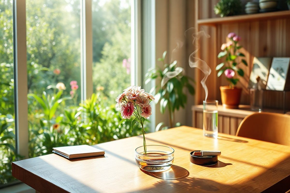 A photorealistic image captures a tranquil scene in a sunlit room, where a large window reveals a vibrant outdoor garden filled with lush green plants and colorful flowers. Sunlight streams in, casting soft shadows across a polished wooden table adorned with a small, elegant vase of fresh flowers, symbolizing renewal and health. In the background, on a shelf, a quit-smoking support booklet and a glass of water sit beside a potted plant, representing growth and healing. The air is filled with a sense of calm and rejuvenation, emphasizing the transition from a life of smoking to one of vitality. Gentle wisps of smoke, barely visible, seem to flutter away from an extinguished cigarette on an ashtray, symbolizing the act of quitting. The overall palette is warm and inviting, with shades of green, soft pastels, and natural wood tones, creating a serene atmosphere that embodies hope and recovery. This image beautifully encapsulates the theme of overcoming smoking, celebrating improved lung health and the promise of a fresh start.