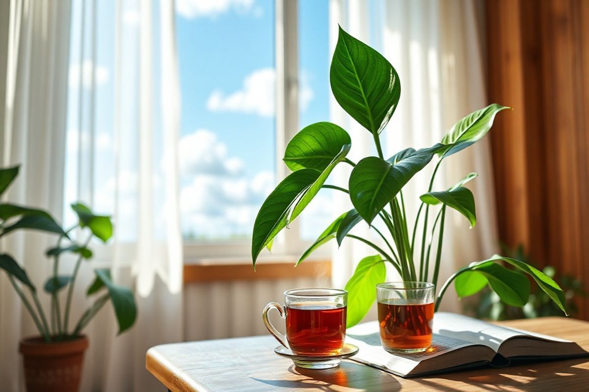 A striking photorealistic image captures a serene, sunlit room adorned with lush greenery, emphasizing the importance of clean air for lung health. In the foreground, a vibrant potted plant, such as a peace lily or snake plant, showcases its glossy, deep green leaves, symbolizing vitality and respiratory wellness. The background features a large window with sheer white curtains gently fluttering in the breeze, allowing soft, natural light to flood the space. Outside, a clear blue sky is visible, dotted with a few fluffy white clouds, representing a breath of fresh air. On a wooden table, a steaming cup of herbal tea rests beside an open book, suggesting a moment of peaceful reflection. The overall ambiance is calming and rejuvenating, with warm wooden tones and soft textures that invite tranquility. This image encapsulates the contrast between the health benefits of nurturing one’s environment and the harmful effects of smoking, reinforcing the message of lung health and the importance of clean air.