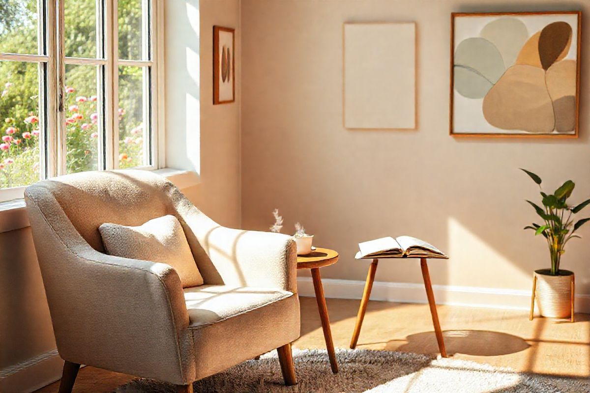 A serene and inviting scene depicting a cozy living room bathed in warm, natural light. In the foreground, a comfortable armchair with soft, pastel-colored fabric sits beside a small wooden side table adorned with a steaming cup of herbal tea and a few open books, suggesting a moment of quiet reflection. A large window reveals a picturesque view of a garden in full bloom, with vibrant flowers and lush greenery, symbolizing hope and renewal. On the walls, tasteful artwork featuring abstract designs in soothing colors adds a touch of elegance. In the background, a soft area rug lies beneath the chair, and a small potted plant adds a splash of life to the room, reinforcing the theme of wellness and vitality. The atmosphere is calm and nurturing, evoking feelings of tranquility and comfort, which resonates with the themes of mental health and well-being discussed in the article. The overall composition captures a harmonious blend of nature and interior comfort, creating an ideal setting for contemplation and self-care, reflecting the importance of mental wellness in maintaining physical health.