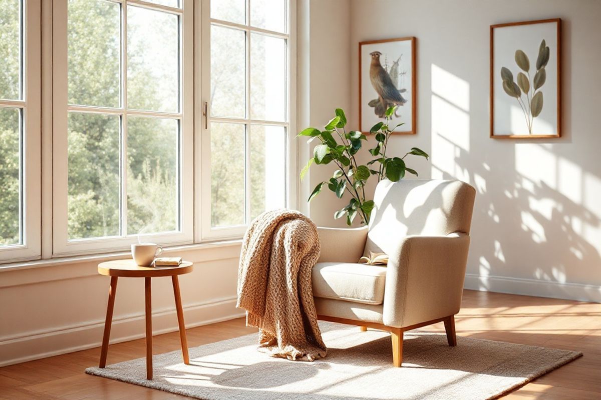 A serene indoor scene featuring a sunlit living room with large windows, allowing natural light to pour in and illuminate the space. The focal point is a cozy armchair draped with a soft, knitted blanket in muted earth tones. Next to the chair, a small wooden side table holds a steaming cup of herbal tea and an open book, inviting relaxation. In the background, a potted indoor plant with lush green leaves adds a touch of vibrancy, symbolizing growth and health. A soft rug underfoot complements the warm wooden flooring, and framed nature-inspired artwork adorns the walls, creating a calming atmosphere. The overall color palette is warm and inviting, with soft beiges, greens, and gentle textures that evoke a sense of tranquility and well-being, reflecting the importance of self-care in managing both mental and physical health.