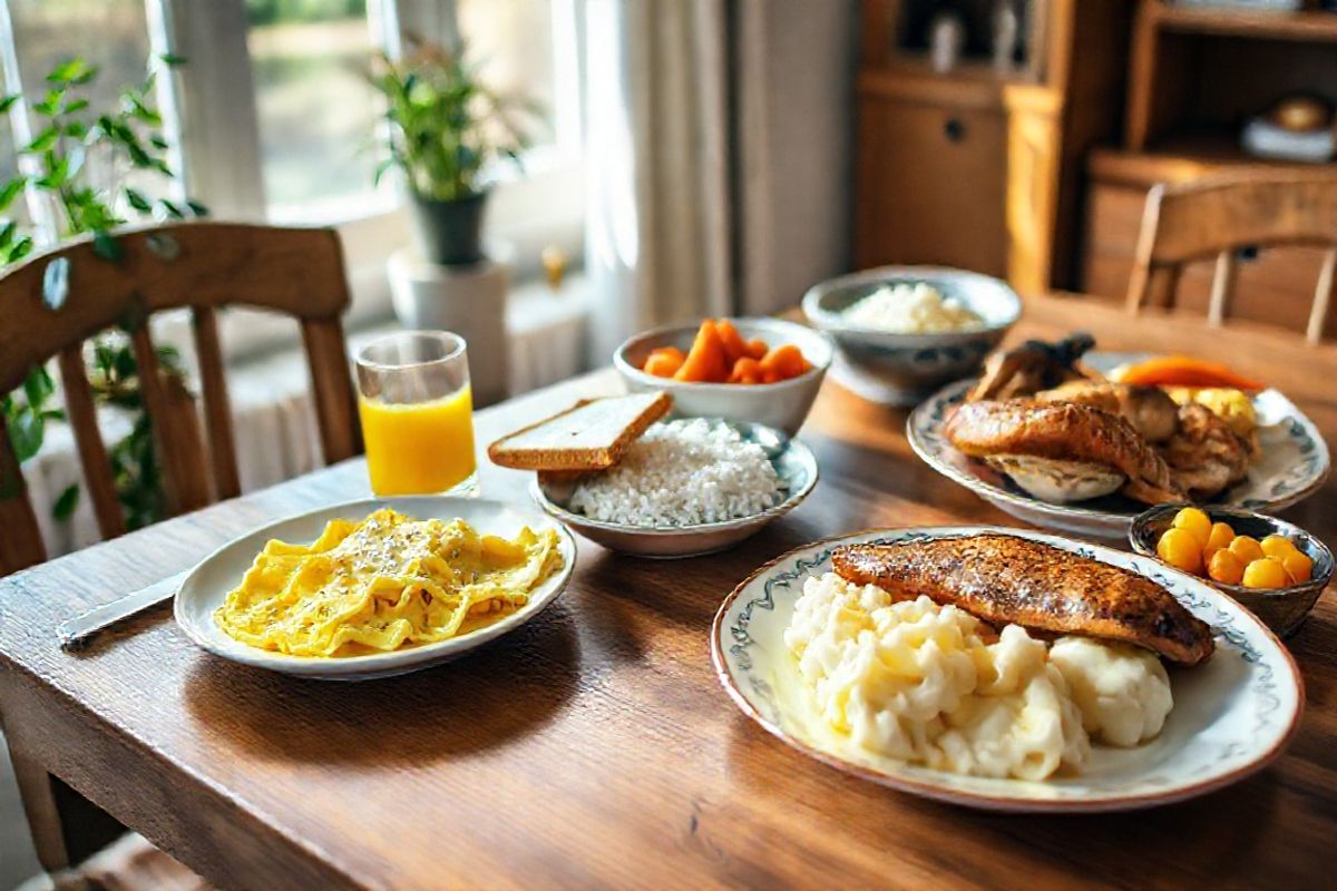 A beautifully arranged wooden dining table is set for a low residue diet meal, featuring a plate of scrambled eggs garnished with a sprinkle of salt, accompanied by a slice of lightly toasted white bread. Next to the plate, a small glass of bright, pulp-free orange juice catches the light, exuding freshness. On the other side of the table, a steaming bowl of baked chicken sits next to a serving of perfectly steamed carrots, their vibrant orange color contrasting with a fluffy mound of white rice. For dinner, a succulent piece of broiled fish rests on a delicate china plate, paired with creamy mashed potatoes and a small bowl of canned peaches, their syrup glistening. The background showcases a cozy, softly lit kitchen with hints of greenery from a potted plant, enhancing the warm and inviting atmosphere. Natural light streams through a nearby window, casting gentle shadows and highlighting the textures of the food, creating a serene yet vibrant setting that embodies the essence of nutritious, low residue meals.