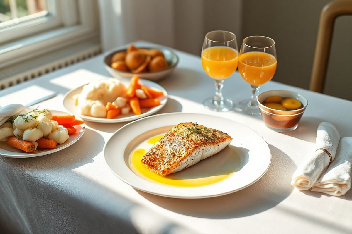 A beautifully arranged dining table showcases a low residue diet, featuring a variety of visually appealing, low-fiber foods. The centerpiece is a delicate white plate holding a perfectly cooked piece of broiled fish, glistening with a light drizzle of olive oil. Beside it, a small serving of fluffy mashed potatoes is garnished with a sprinkle of fresh herbs. To the left, a portion of steamed carrots, their vibrant orange color contrasting against the muted tones of the other dishes, adds a pop of color. On the right, a small bowl of canned peaches glistens in syrup, invitingly nestled among soft, white napkins. The table is adorned with a light, airy tablecloth, and soft, diffused natural light streams in from a nearby window, casting gentle shadows and enhancing the warmth of the scene. Fresh fruit juices in elegant glassware complete the setting, their bright colors harmonizing with the overall palette. This serene and inviting image captures the essence of a low residue diet, emphasizing both aesthetic appeal and the careful selection of digestible foods, perfect for a calming dining experience.