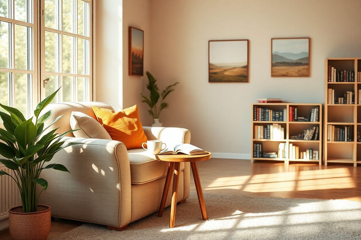 A serene and inviting scene depicting a cozy living room with warm, natural light streaming through large windows. The focal point is a plush, oversized armchair in a soft beige fabric, adorned with a few colorful throw pillows that add a pop of color. Beside the chair, a small wooden side table holds a steaming cup of herbal tea and an open book, suggesting a moment of relaxation and self-care. A lush green potted plant sits in the corner, bringing life to the space. On the walls, subtle artwork of abstract landscapes in calming tones complements the tranquil atmosphere. The floor is covered with a soft, textured rug that invites one to sit down and unwind. In the background, a small bookshelf filled with neatly arranged books reflects a love for reading and knowledge. The overall ambiance is warm, inviting, and comforting, creating a perfect environment for reflection and peace of mind, resonating with the themes of health, self-care, and managing diabetic neuropathy.