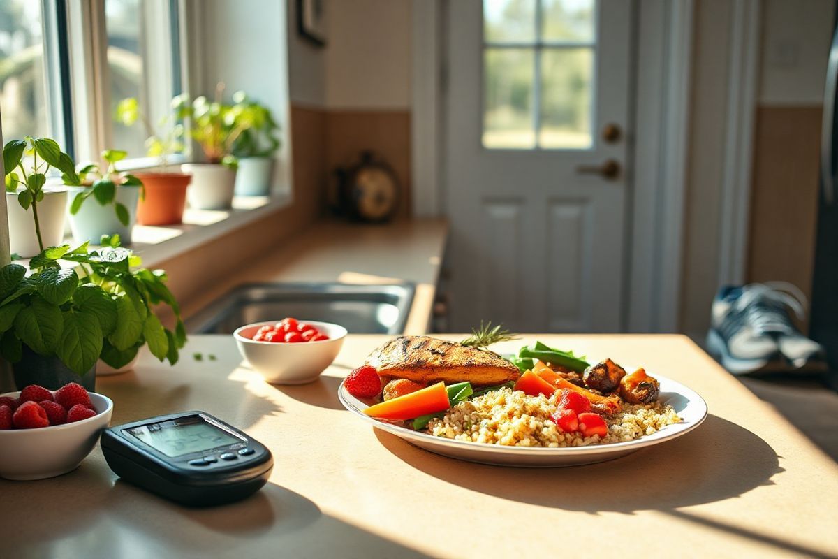 A photorealistic image depicting a serene diabetes management scene set in a warm, inviting kitchen. The foreground features a well-organized countertop with a digital blood glucose meter, a small bowl of fresh berries, and a vibrant plate of colorful, healthy meals, including grilled chicken, steamed vegetables, and quinoa. In the background, a window allows soft sunlight to filter in, illuminating the space and casting gentle shadows. Potted herbs like basil and rosemary adorn the windowsill, emphasizing the importance of fresh ingredients. A pair of well-worn running shoes sits near the door, suggesting an active lifestyle. The atmosphere conveys a sense of calm, health, and proactive management, inviting viewers to reflect on the importance of maintaining a balanced diet and healthy lifestyle in preventing diabetic neuropathy.