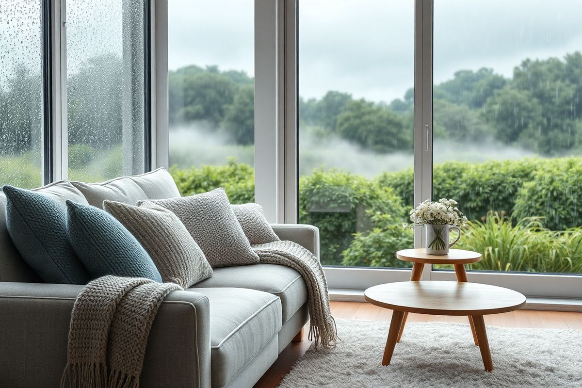 A tranquil scene depicting a cozy living room during a rainy day, with large windows showcasing droplets cascading down the glass. Soft gray and white hues dominate the room, creating a serene atmosphere. In the foreground, a plush, light-colored sofa is adorned with an assortment of textured pillows in muted tones of blue and beige. A warm, knitted throw is draped casually across one arm of the sofa. To the side, a small wooden coffee table holds a steaming mug of herbal tea and a small vase with fresh, delicate white flowers. The lighting is soft, with gentle rays of light filtering through the clouds, casting a peaceful glow across the room. Outside, lush greenery is visible, glistening from the rain, enhancing the sense of calm and connection to nature. A subtle hint of fog envelops the distant landscape, suggesting a change in weather, while a soft, inviting rug lies beneath the coffee table, inviting relaxation and comfort. This image encapsulates a moment of tranquility, perfect for those seeking solace during weather-related discomforts.