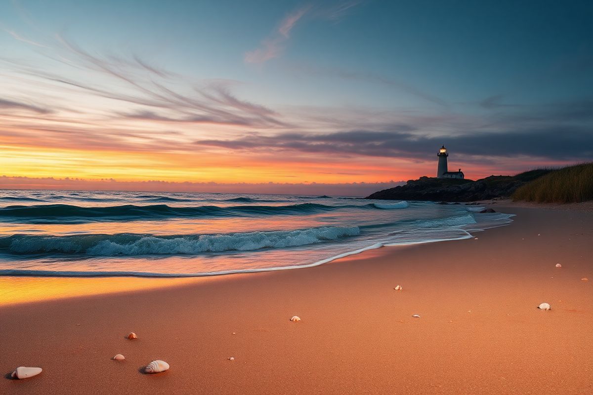 A serene landscape depicting a coastal scene at dusk, where the sky transitions from warm oranges and pinks to deep indigos, reflecting the calming beauty of sunset. In the foreground, gentle waves lap against a sandy beach, with soft white foam creating delicate patterns on the shore. Scattered seashells and smooth pebbles add texture to the sandy surface. In the distance, a silhouette of a quaint lighthouse stands proudly on a rocky outcrop, its light glowing faintly against the twilight sky, symbolizing guidance and safety. Above, wispy clouds catch the last rays of sunlight, creating an ethereal atmosphere. The air appears still, yet there’s a subtle hint of movement in the grasses along the beach, suggesting a gentle breeze. This harmonious scene encapsulates tranquility and the natural ebb and flow of the tides, evoking a sense of peace that resonates with the concept of barometric pressure and its influence on weather and well-being, ideal for those seeking solace from chronic pain conditions like fibromyalgia.