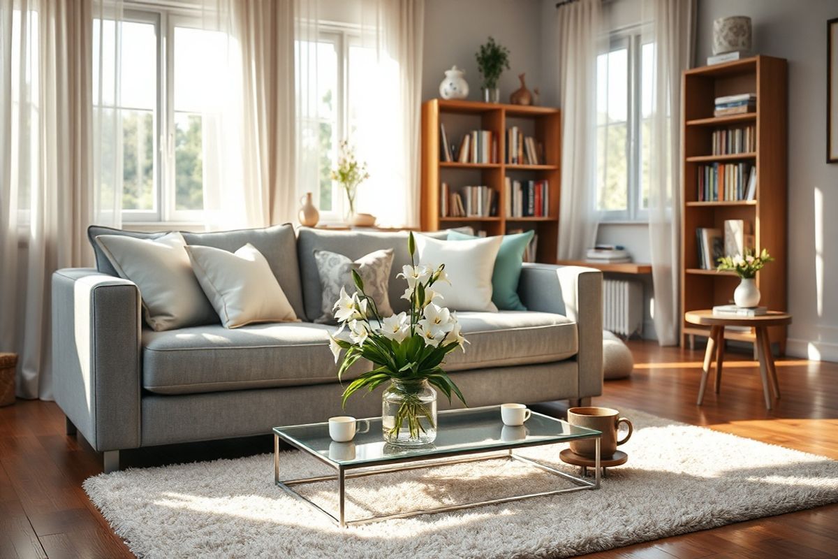 A serene and inviting scene captures a cozy living room bathed in warm, natural light. The focal point is a plush, gray sofa adorned with soft, pastel-colored pillows, creating an inviting atmosphere. A beautifully arranged coffee table sits in front of the sofa, featuring a vase of fresh flowers—delicate white lilies and vibrant green leaves—adding a touch of nature. In the background, a bookshelf filled with neatly arranged books and decorative items showcases a blend of personal touches and elegance. Large windows draped with sheer curtains allow sunlight to filter through, casting gentle shadows and enhancing the room’s warmth. A soft area rug in calming earth tones covers the wooden floor, inviting bare feet to step onto its plush surface. On one side of the room, a small side table holds a steaming cup of tea, suggesting a moment of relaxation and comfort. This photorealistic image conveys a sense of tranquility and well-being, making it an ideal visual representation of the importance of taking care of one’s health and the cozy atmosphere of a home, where family and loved ones can gather.