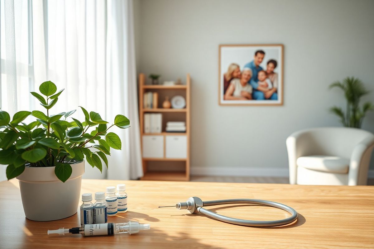 A photorealistic image of a serene healthcare setting, featuring a cozy, well-lit consultation room. In the foreground, a wooden table holds a neatly arranged set of medical supplies, including a syringe, vaccine vials, and a stethoscope, symbolizing the importance of vaccination. Soft, natural light filters through a large window adorned with sheer white curtains, illuminating a potted plant that adds a touch of greenery to the space. The walls are painted in soothing pastel colors, creating a calming atmosphere. In the background, a comfortable chair sits next to a small bookshelf filled with health-related literature, reflecting a welcoming environment for patients. A framed picture of healthy families—infants, elderly individuals, and pregnant women—hangs on the wall, subtly emphasizing the vaccine’s role in protecting vulnerable populations. The overall composition conveys a sense of safety, care, and community health, making it an ideal visual representation of the importance and benefits of the RSV vaccine.