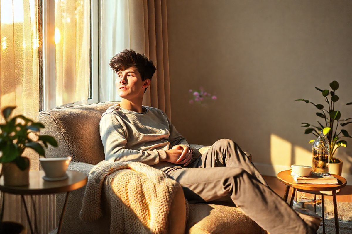 A serene and contemplative scene unfolds in a softly lit room, where a young adult with a gentle expression sits on a comfortable armchair, gazing out of a large window. The light of the setting sun filters through sheer curtains, casting warm golden hues across the space. The individual’s posture is relaxed but introspective, with hands resting on their lap, symbolizing a moment of reflection. Surrounding them are elements of comfort and warmth: a plush, knitted blanket draped over the arm of the chair, a small side table adorned with a steaming cup of tea, and a few scattered books that hint at self-discovery and healing. The walls are painted in soft, muted tones, and a potted plant in the corner adds a touch of life and vibrancy. Outside the window, a tranquil garden is visible, filled with blooming flowers and lush greenery, representing hope and growth. The overall atmosphere of the image evokes a sense of peace, introspection, and the journey toward overcoming internal stigma, perfectly complementing the themes of resilience and recovery.