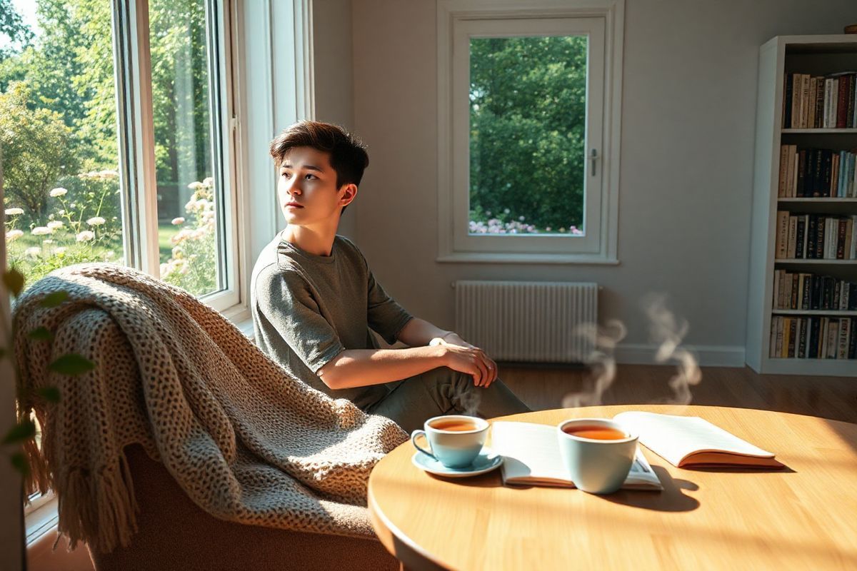 A serene and contemplative scene unfolds in a softly lit room, where a young adult sits alone by a large window. The individual, displaying a subtle expression of introspection, gazes outside at a tranquil garden filled with lush greenery and blooming flowers under a gentle afternoon sun. The light filters through the window, casting delicate shadows on the hardwood floor, while a cozy armchair draped with a knitted blanket invites warmth and comfort. On a nearby table, an open journal lies next to a steaming cup of tea, hinting at moments of reflection and self-discovery. In the background, a bookshelf filled with inspiring titles symbolizes knowledge and growth. The overall atmosphere radiates peace and solitude, capturing the journey of self-acceptance and the struggle against internalized stigma, creating a visual metaphor for the complex relationship between mental health and personal identity. The colors are warm and inviting, with soft pastels and earth tones, enhancing the feeling of safety and calm, while the intricate details of the scene evoke a sense of hope and resilience amidst challenges.