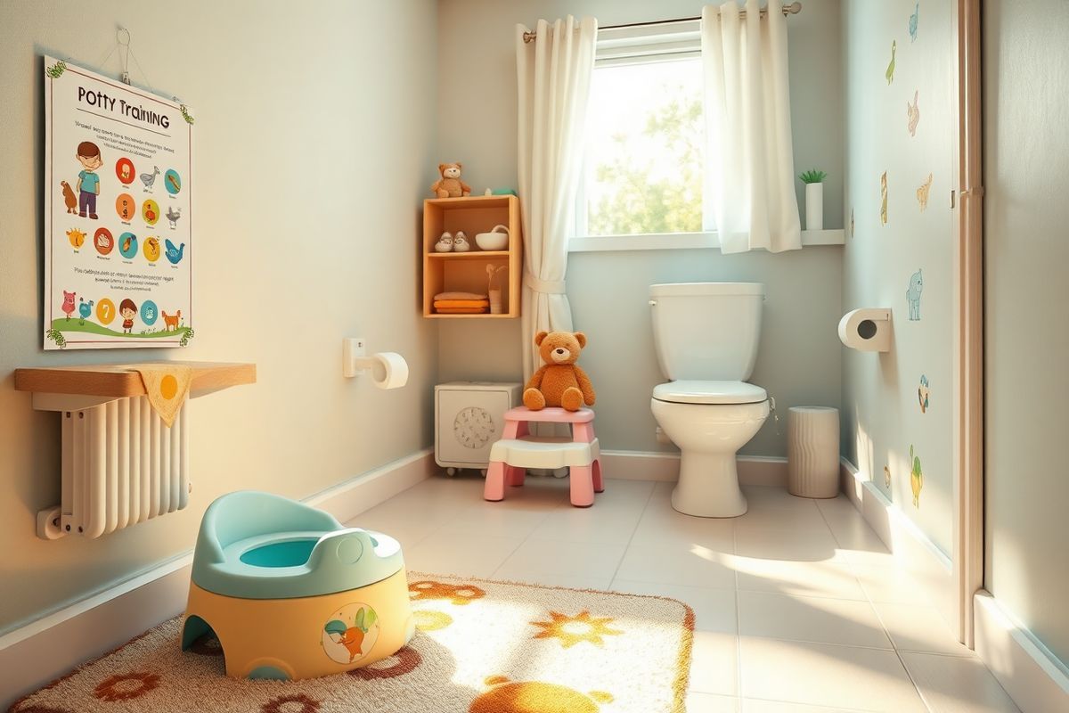 A cozy, inviting bathroom scene designed for a child undergoing potty training. The bathroom is brightly lit with soft, warm lighting that creates a calming atmosphere. In the foreground, a colorful potty chair sits on a soft, patterned rug, with cheerful animal designs, making it approachable for young children. Nearby, a visual chart adorned with colorful illustrations of each step in the potty training process hangs on the wall, depicting a smiling cartoon character using the toilet. On a small shelf, various child-friendly toiletries, such as a step stool and a small toilet seat adapter, are neatly arranged, emphasizing accessibility. The walls are painted in soft pastel colors, adorned with playful wall decals of animals and nature. A gentle breeze flows through a window adorned with light curtains, allowing natural light to filter in, casting a soothing glow across the room. In one corner, a favorite stuffed toy sits, ready to offer comfort and support. Overall, the image exudes warmth, safety, and encouragement, encapsulating a nurturing environment tailored for potty training success.