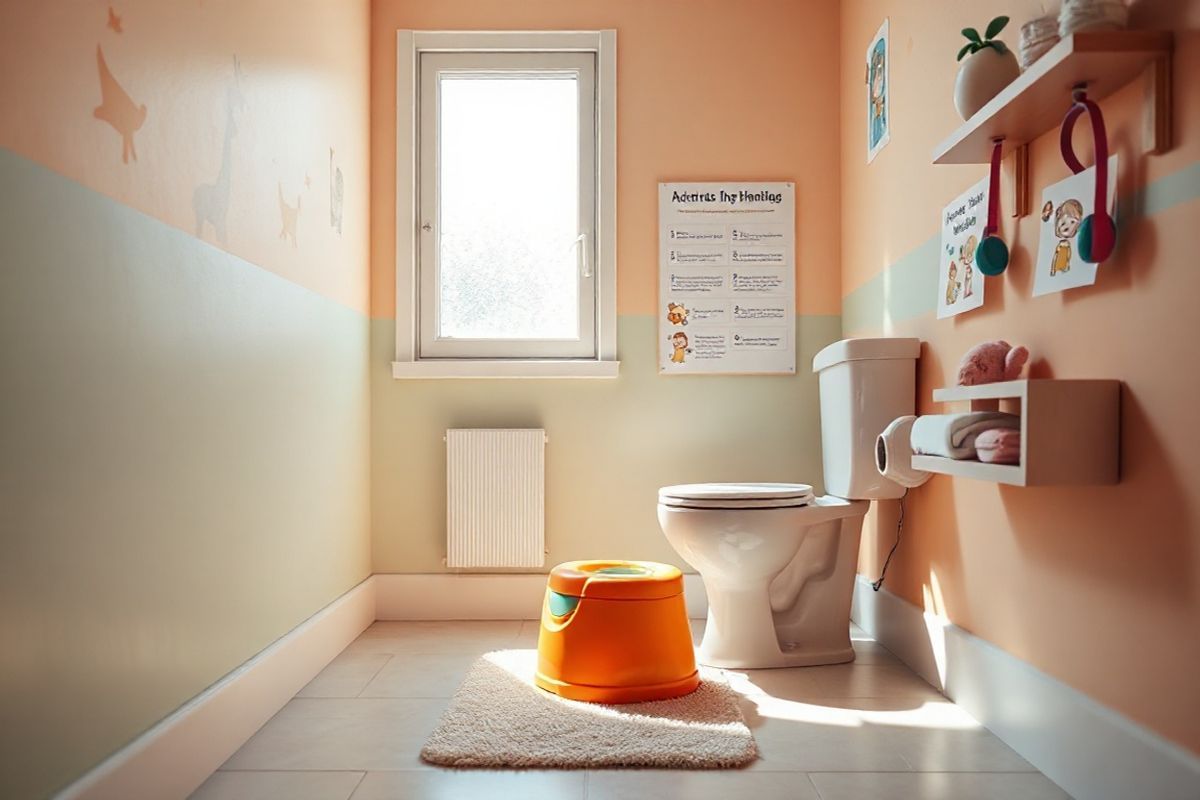 A cozy, softly lit bathroom scene designed to be welcoming for children, particularly those with sensory sensitivities. The focus is on a brightly colored, child-sized potty chair placed in front of a low, accessible toilet. The walls are painted in warm pastel hues, adorned with cheerful animal-themed artwork that adds a playful touch. A small, plush rug in a soothing color lies on the floor, providing comfort underfoot. Nearby, a visual schedule hangs on the wall, featuring illustrated steps for using the toilet, with images of a child happily using the potty. A shelf holds sensory-friendly items, such as noise-canceling headphones and soft toys, to ease anxiety. Natural light filters through a frosted window, casting gentle shadows and creating a serene atmosphere. The overall ambiance feels inviting and supportive, encouraging a sense of independence and comfort for a child embarking on the potty training journey.