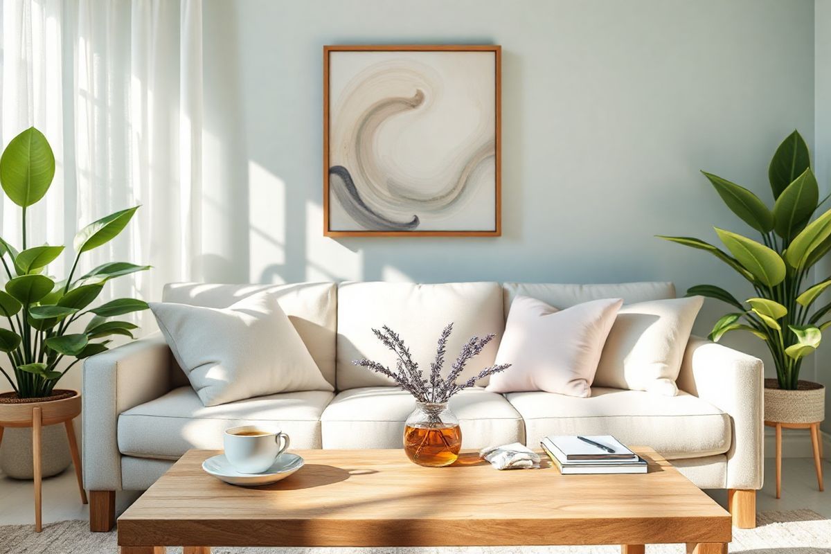 A serene and calming scene depicting a cozy, softly lit living room that emphasizes relaxation and health. In the foreground, a plush, light-colored sofa adorned with pastel throw pillows invites comfort. A tasteful coffee table, made of natural wood, holds a steaming cup of herbal tea, a small vase with fresh lavender, and a few migraine relief essentials like a cool cloth and a notepad. In the background, a large window lets in gentle sunlight, illuminating sheer white curtains that flutter slightly in the breeze. Lush green plants, such as a peace lily and a snake plant, are positioned on either side of the window, adding a touch of nature and tranquility. The walls are painted in soft, soothing colors like pale blue or mint green, enhancing the peaceful atmosphere. A framed abstract art piece, with swirls of calming colors, hangs above the sofa, suggesting movement and serenity. The overall ambiance conveys a sense of comfort and wellness, perfectly reflecting the theme of migraine management through a supportive and soothing home environment.