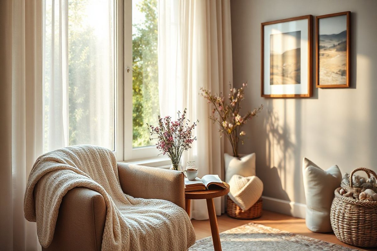 A serene and inviting scene unfolds in a softly lit room, showcasing a cozy nook designed for relaxation. In the foreground, a plush armchair draped with a light, textured throw sits beside a small wooden side table adorned with a steaming cup of herbal tea and a well-worn book. A delicate vase filled with fresh wildflowers adds a touch of color and vibrancy. The background features a large window with sheer curtains gently billowing, allowing warm, golden sunlight to filter through and illuminate the space. Lush greenery from outside peeks in, enhancing the tranquil atmosphere. On a nearby wall, a tastefully framed artwork depicting a peaceful landscape complements the natural theme. The room is finished with subtle decorative elements, such as soft cushions on the chair, a woven basket for magazines, and a cozy rug underfoot, creating an inviting ambiance perfect for moments of respite during a migraine attack. This photorealistic image captures the essence of comfort, calm, and the importance of self-care, resonating with the themes of managing migraines through relaxation and mindfulness.