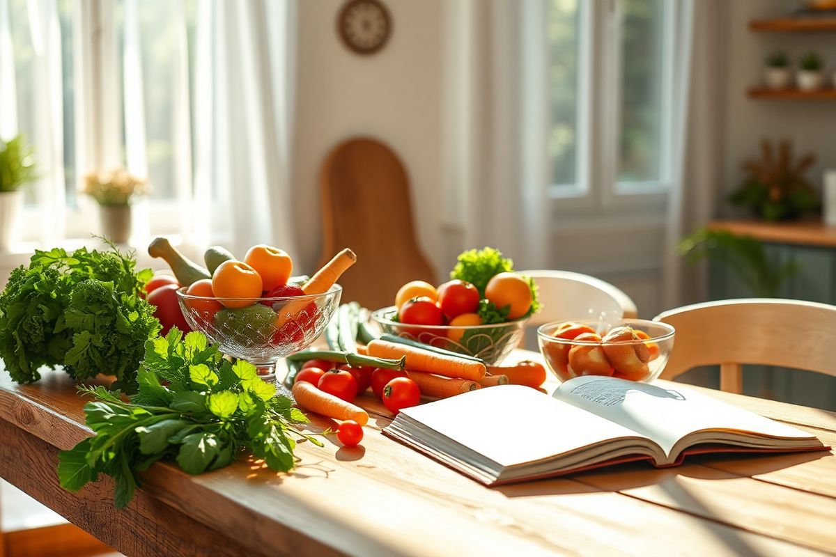 A photorealistic image featuring a serene kitchen scene bathed in natural light would complement the theme of early detection of stomach cancer. The focal point is a rustic wooden dining table, elegantly set with an assortment of fresh, colorful vegetables such as tomatoes, carrots, and leafy greens, symbolizing a healthy diet. A delicate glass bowl filled with ripe fruits like apples and oranges sits nearby, highlighting the importance of nutrition in cancer prevention.   In the background, a soft-focus view of a cheerful, sunlit window with sheer white curtains allows gentle sunlight to filter through, casting warm, inviting shadows across the table. A cookbook displaying healthy recipes lies open on the table, suggesting the act of preparing nutritious meals.   The overall color palette includes warm earth tones and vibrant greens, creating an atmosphere of health and vitality. This image evokes a sense of awareness and encourages viewers to pay attention to their dietary choices, linking it to the significance of recognizing early symptoms of stomach cancer. The scene captures both the beauty of wholesome food and the importance of early intervention in health.