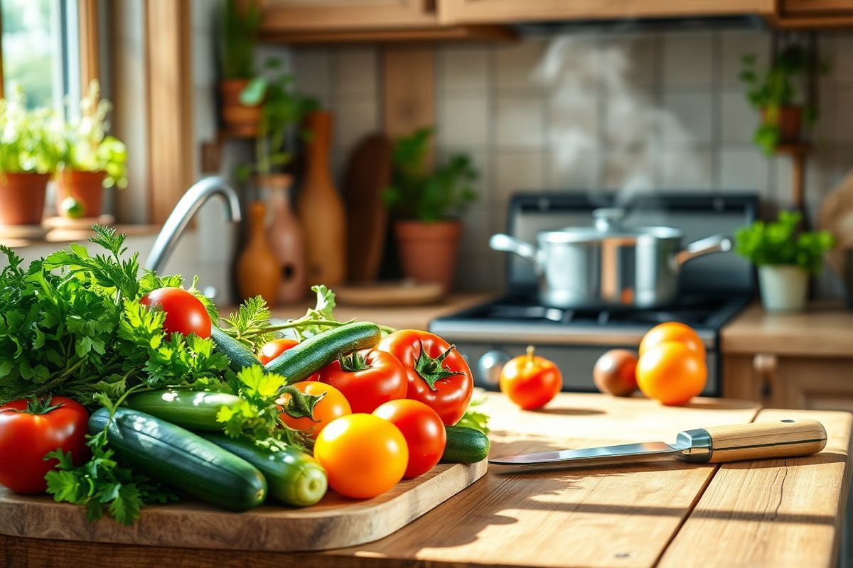 A photorealistic image depicting a serene and inviting kitchen scene with fresh ingredients laid out on a rustic wooden countertop. In the foreground, a vibrant arrangement of colorful vegetables, including ripe tomatoes, crisp cucumbers, and leafy greens, is artfully displayed. A cutting board and knife sit nearby, suggesting the preparation of a healthy meal. Soft, natural light filters through a window, illuminating the scene and casting gentle shadows. In the background, a pot of soup simmers on the stove, with steam rising to create a cozy atmosphere. The kitchen walls are adorned with herbs in pots, adding a touch of greenery, while the warm tones of the wooden cabinetry evoke a sense of home and comfort. This inviting setting evokes a feeling of health and nourishment, subtly aligning with the themes of diet and lifestyle choices related to stomach cancer prevention.