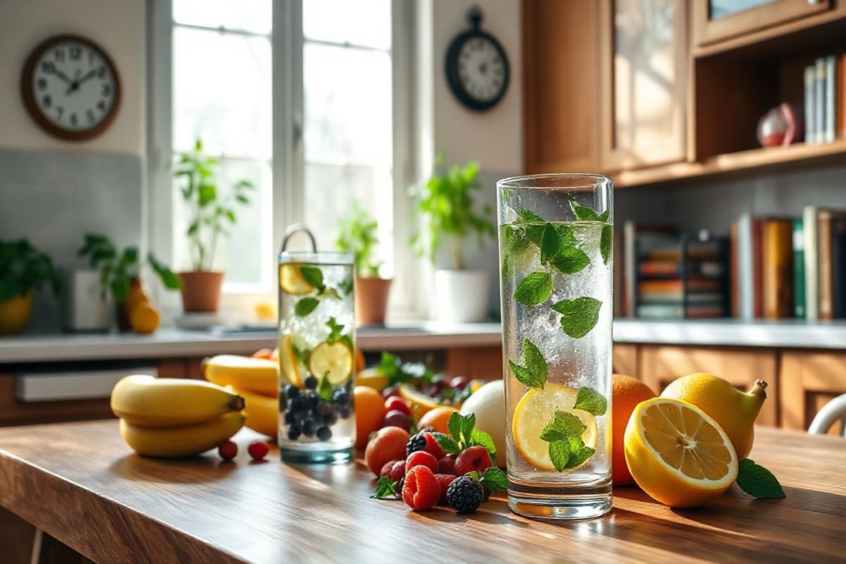 A photorealistic decorative image featuring a serene, softly lit kitchen scene that evokes a sense of calm and health. In the foreground, a wooden table is set with a colorful spread of fresh fruits, including bananas, oranges, and berries, symbolizing nourishment and vitality. A glass pitcher filled with refreshing, clear water adorned with mint leaves and slices of lemon sits next to a tall glass of the same drink, highlighting the importance of hydration.   In the background, a window allows soft, natural light to filter in, casting gentle shadows across the scene. Potted herbs such as basil and rosemary sit on the windowsill, adding a touch of greenery and freshness. The kitchen is designed with warm, earthy tones, featuring wooden cabinets and marble countertops, creating an inviting atmosphere.   Hints of age are subtly present, with a vintage clock on the wall and an array of cookbooks, suggesting wisdom and experience. The overall composition conveys a message of wellness, balance, and the joy of healthy living, perfectly complementing the themes of aging and hangover recovery discussed in the accompanying text.