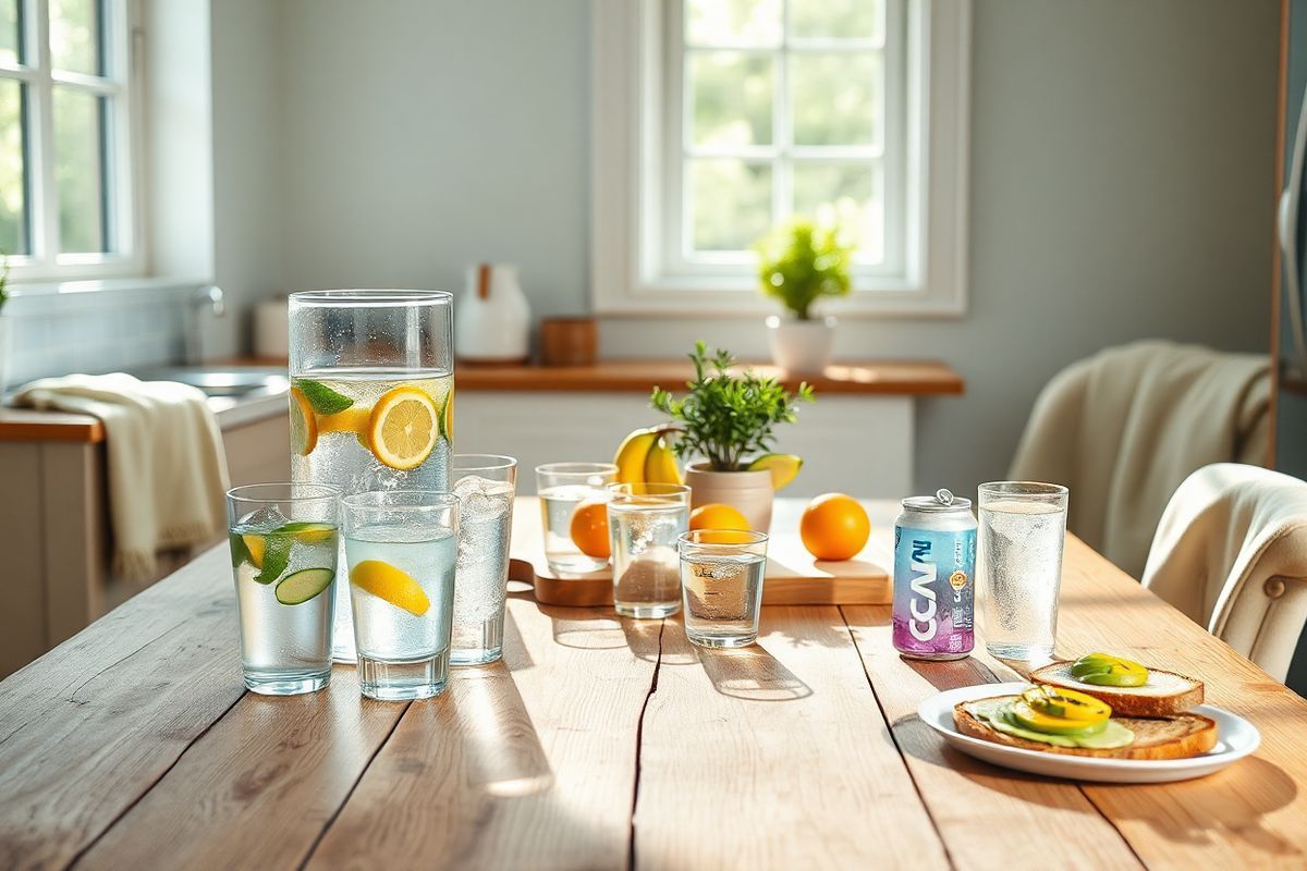 A photorealistic decorative image depicts a tranquil morning scene of a well-lit kitchen with a rustic wooden table at the center. On the table, there are various items symbolizing hydration and recovery from a hangover. A large glass pitcher filled with refreshing water is surrounded by several clear glasses, some filled with lemon-infused water, while others contain vibrant electrolyte-rich drinks like coconut water and sports drinks. Fresh fruits, including bananas and oranges, are artfully arranged on a wooden cutting board, emphasizing their role in nutrition and recovery.   In the background, a sunny window allows natural light to pour in, illuminating a small potted plant, representing vitality and freshness. The kitchen is adorned with soft pastel colors, creating a warm and inviting atmosphere. Subtle details like a cozy blanket draped over a nearby chair and a plate of whole-grain toast with avocado add to the comforting feel of the space. The overall composition evokes a sense of calm and wellness, perfectly illustrating the themes of hydration, nutrition, and recovery associated with alleviating hangover symptoms in older adults.