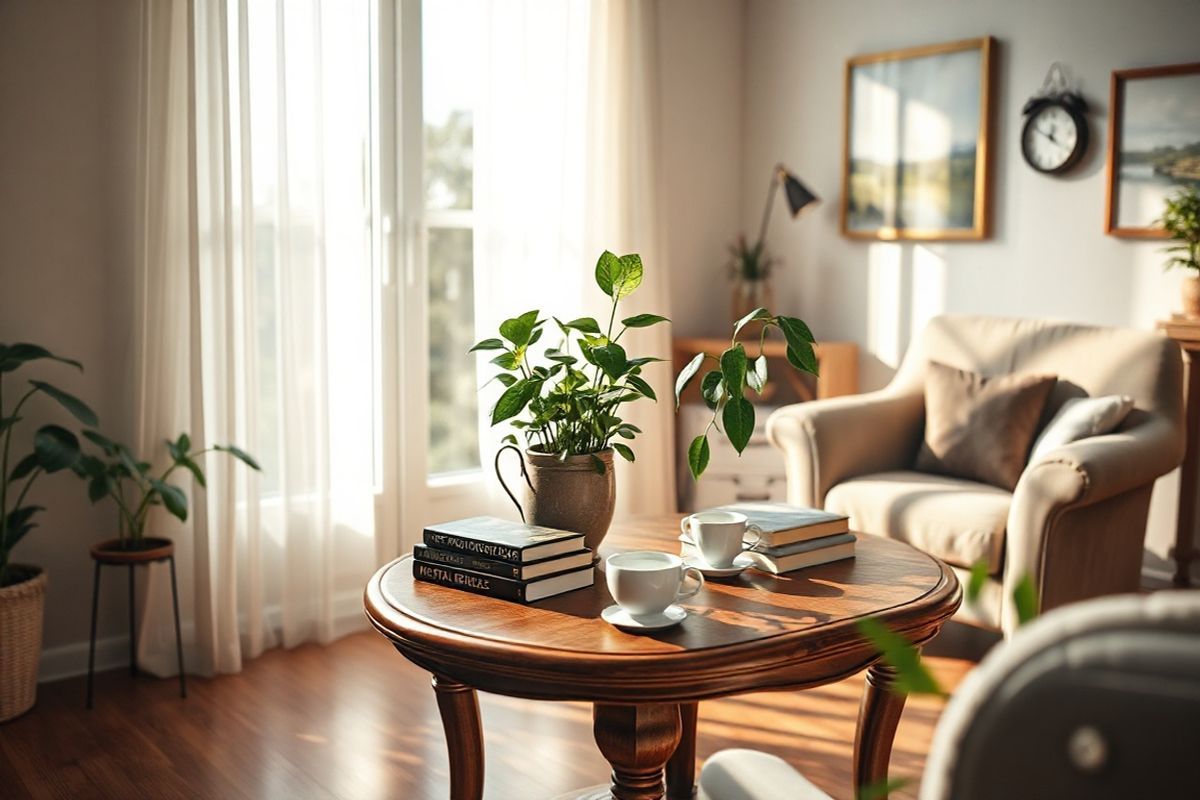 A serene and inviting scene set in a cozy, softly-lit room that reflects a sense of calm and tranquility. The focal point is a vintage wooden table adorned with an arrangement of lush green potted plants, symbolizing vitality and health. A delicate ceramic teapot and matching cups sit invitingly beside a stack of books on wellness and mental health, hinting at the importance of self-care. In the background, a large window lets in warm, natural light, casting gentle shadows on the wooden floor, while sheer curtains flutter slightly in a light breeze. A comfortable armchair, upholstered in soft fabric, is positioned nearby, inviting one to sit and reflect. Subtle elements like a small, decorative clock and a calming artwork of a tranquil landscape adorn the walls, enhancing the peaceful atmosphere. Overall, the image captures a harmonious blend of nature, comfort, and mental wellness, making it a fitting visual representation of the relationship between hypothyroidism, mental health, and the importance of nurturing environments.