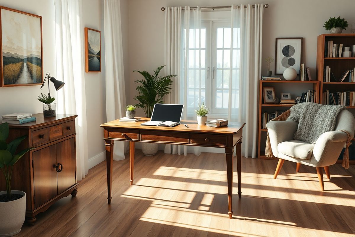 A serene and atmospheric scene depicting a well-organized, cozy home office space that embodies calm and focus. The focal point is a vintage wooden desk, polished and adorned with a few essential items: a sleek laptop, an open notebook with a fountain pen, and a small potted succulent, adding a touch of greenery. The background features a large window with sheer white curtains, allowing soft, natural light to flood the room, illuminating the warm wooden tones of the furniture. On the walls, subtle artwork depicting peaceful landscapes and abstract designs enhances the tranquil vibe. To one side, a comfortable armchair with a plush throw invites relaxation, while a bookshelf filled with neatly arranged books and a few framed family photos adds a personal touch. The color palette consists of calming earth tones—soft browns, greens, and creams—creating a harmonious atmosphere. Delicate shadows play across the floor, and the overall composition conveys a sense of balance, wellbeing, and productivity, making it an ideal setting for reflection and creativity, perfectly complementing the themes of managing mental health and thyroid health.