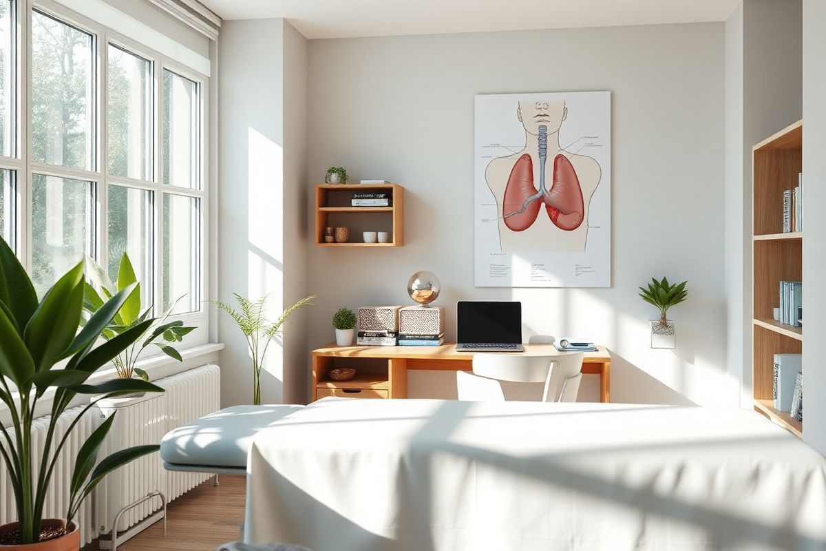 A photorealistic image depicting a serene medical consultation room with natural light streaming through large windows. The room features a sleek, modern examination table covered with a soft, white sheet, and a comfortable chair for patients. A subtle arrangement of potted plants adds a touch of greenery, promoting a calming atmosphere. On the wall, a large, high-resolution anatomical poster of the human thyroid gland hangs, showcasing its structure with detailed labels for educational purposes. A wooden desk in the corner is neatly organized with a laptop, a stethoscope, and medical reference books. Soft, neutral tones dominate the color palette, enhancing the room’s tranquility. In the background, a small bookshelf holds various medical journals and resources about thyroid health. The overall ambiance conveys professionalism and warmth, inviting patients to feel at ease during their consultation. The lighting is soft and welcoming, highlighting the clean lines and modern design elements, creating a reassuring environment for discussing health concerns, particularly those related to thyroid nodules and their treatment options.