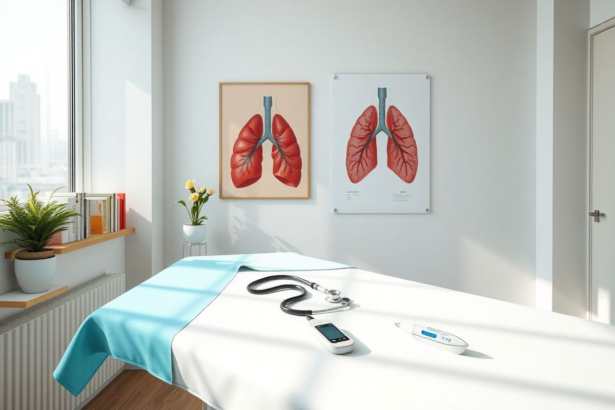 A photorealistic decorative image depicting a serene medical consultation room, bathed in soft, natural light streaming through a large window. The room features a clean, white examination table at the center, adorned with a crisp aqua-colored sheet. On the wall behind, a vibrant anatomical poster of the human throat, illustrating the tonsils, is prominently displayed. To the side, a small wooden shelf holds a variety of medical books, alongside a potted plant that adds a touch of greenery. A stethoscope lies casually on the table, while a digital thermometer and a small notepad with a pen are neatly arranged nearby. The atmosphere is calm and inviting, with light-colored walls and a minimalist design that emphasizes cleanliness and professionalism. The background features a subtle hint of a cityscape through the window, suggesting an urban medical practice. This image evokes a sense of trust and care, perfectly complementing the themes of health, diagnosis, and patient well-being discussed in the article about tonsillitis and tonsil cancer.