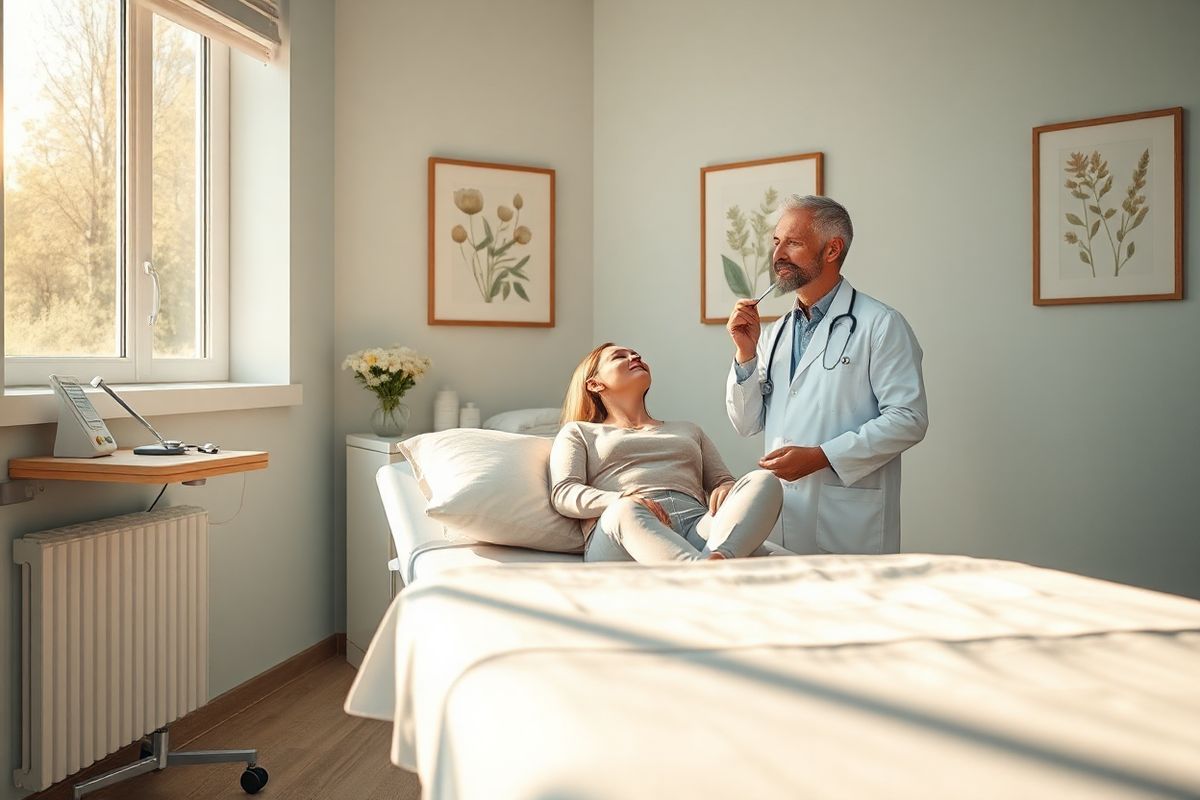 A photorealistic image depicts a serene and inviting healthcare setting, featuring a softly lit examination room. In the foreground, a comfortable examination table is adorned with crisp, white linens, while a gentle sunlight streams through a nearby window, casting warm, golden rays. On the walls, calming pastel colors create a soothing atmosphere, complemented by framed botanical prints that evoke a sense of tranquility. A small, tidy desk in the corner holds medical tools and a stethoscope, symbolizing care and professionalism. In the background, a medical professional—a compassionate-looking doctor—examines a patient’s throat with a tongue depressor, demonstrating a thorough yet gentle approach. The patient, appearing relaxed and at ease, is sitting on the examination table, surrounded by plush cushions. The overall composition conveys a sense of safety and trust, emphasizing the importance of healthcare in addressing both common ailments like tonsillitis and more serious conditions such as tonsil cancer. This image encapsulates the essence of patient care and the significance of early diagnosis and treatment in a warm, inviting environment.