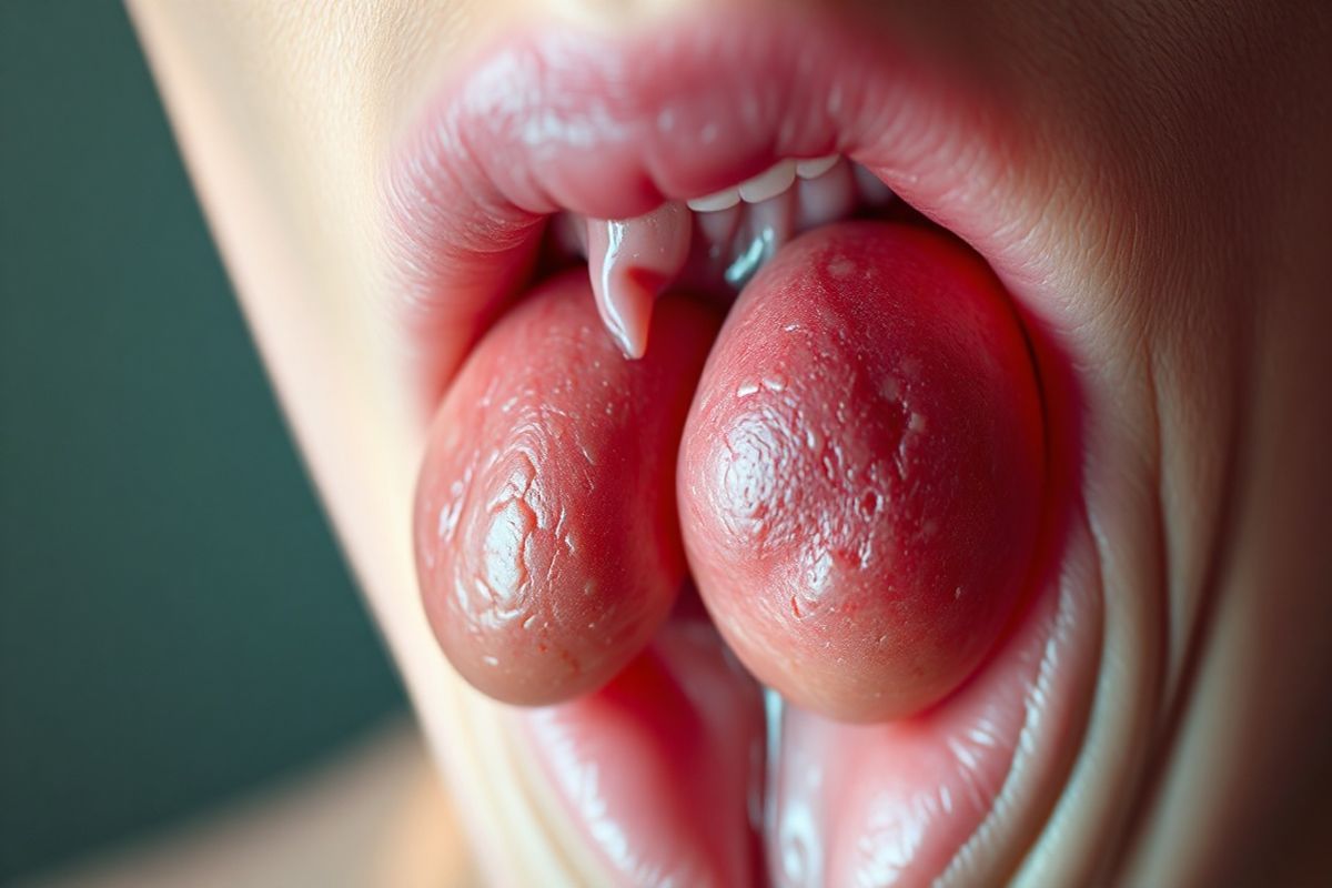 A close-up, photorealistic image of a human throat showcasing the tonsils, with a gentle light illuminating the area to highlight the intricate textures and colors. The tonsils are depicted in vivid detail, revealing a healthy appearance on one side and a larger, slightly inflamed tonsil on the other, symbolizing the contrast between tonsil cysts and tonsil cancer. Surrounding the tonsils, the soft, moist tissues of the throat should appear realistic and anatomically accurate, with a natural gradient of pinks and reds. The background is softly blurred, emphasizing the tonsils as the focal point, while subtle play of light adds depth and dimension. The image should evoke a sense of medical curiosity and concern, inviting viewers to consider the importance of throat health and the differentiation between benign and potentially harmful conditions.