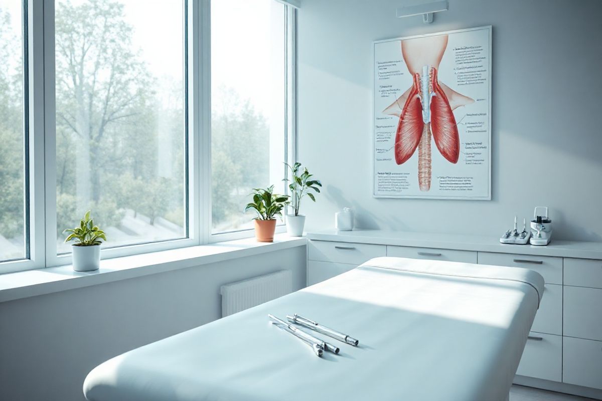 A photorealistic image depicting a serene medical examination room, softly illuminated by natural light filtering through large windows. In the foreground, a sleek, modern examination table is draped with a clean white sheet, evoking a sense of sterility and professionalism. On a nearby counter, an array of medical tools, including otoscopes and tongue depressors, is meticulously organized, reflecting an atmosphere of care and precision. In the background, a detailed anatomical poster of the human throat, highlighting the tonsils, is mounted on the wall, providing educational context. Potted plants on the windowsill add a touch of warmth and tranquility, contrasting with the clinical environment. The overall color palette features soft blues and whites, creating a calm and inviting space. This composition embodies a blend of healthcare professionalism and comfort, making it an ideal visual representation for discussions surrounding tonsil cysts and cancer treatments.