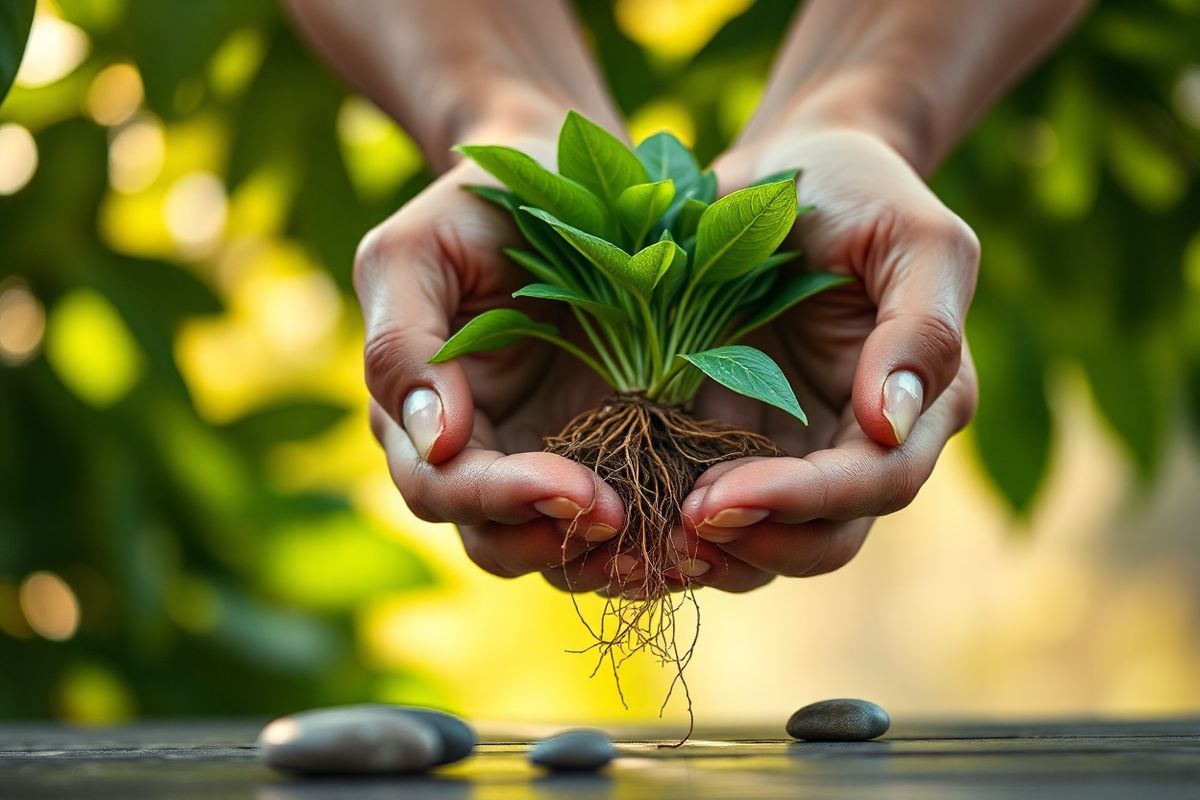 A serene, photorealistic close-up image of a pair of human hands gently cradling a lush, green plant with delicate roots exposed. The background is softly blurred, showcasing a warm, natural light filtering through leaves, creating a calming atmosphere. The hands appear slightly weathered, symbolizing the journey of life and health, while the vibrant plant signifies growth, healing, and the importance of nurturing one’s body. In the foreground, a few small, smooth stones are scattered, representing balance and stability. The colors are rich and earthy, with deep greens, browns, and hints of sunlight, evoking a sense of tranquility and connection to nature. The overall composition invites viewers to reflect on the importance of caring for oneself, embodying the themes of diabetes management and the significance of holistic health.