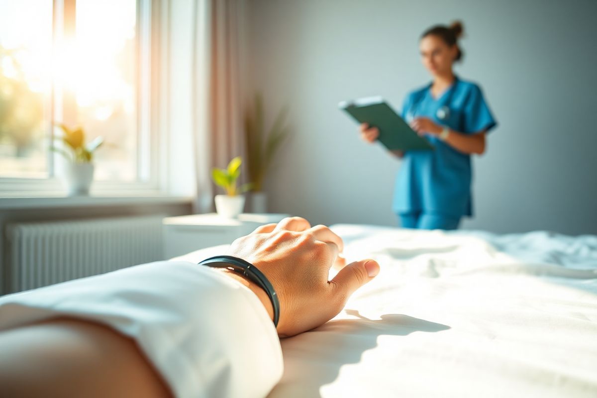 A photorealistic image depicting a serene and tranquil scene of a well-lit, modern healthcare setting. In the foreground, a close-up view of a patient’s hand resting on a crisp, white hospital bed sheet, revealing visible signs of slight nerve discomfort, such as a subtle tremor. The hand is adorned with a hospital wristband, indicating attentive medical care. In the background, a soft-focus view of a healthcare professional in scrubs, gently examining medical charts on a clipboard, conveying a sense of compassion and attentiveness. The room is filled with warm, natural light streaming through a large window, illuminating a small potted plant on the bedside table, symbolizing growth and hope. The color palette is calming, featuring soft blues, greens, and whites, creating an atmosphere of comfort and assurance. The overall composition evokes a sense of care and support, visually representing the journey of individuals managing diabetes and the complexities of treatment-induced neuropathy.