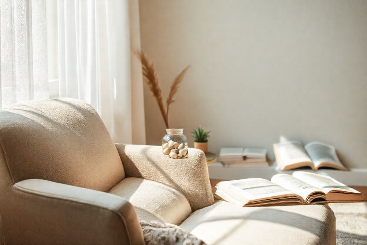 A close-up, photorealistic image of a serene, softly lit room, adorned with calming decor that reflects tranquility and healing. The focal point is a plush armchair upholstered in a soothing, muted color, positioned near a large window where gentle sunlight filters through sheer white curtains. On a small side table beside the chair, a delicate glass jar filled with smooth, colorful stones and a small potted succulent adds a touch of nature. The walls are painted in a soft pastel hue, creating a warm and inviting atmosphere. In the background, a cozy blanket drapes over the arm of the chair, and a few artfully arranged books lie open, suggesting a moment of reflection and self-care. The overall composition evokes a sense of peace and mindfulness, inviting viewers to imagine a space of comfort and support for those navigating the challenges of trichotillomania and OCD.