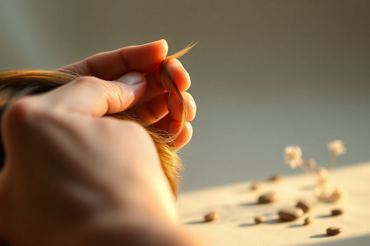 A serene and intimate close-up of a person’s hands gently pulling a single hair from their scalp, with a blurred background of soft, muted colors that evoke a sense of calmness and introspection. The skin is detailed, showcasing the delicate textures and subtle variations in tone, while the hair appears lustrous and smooth, catching the ambient light. Surrounding the hands, there are small, natural elements such as a few scattered pebbles and a gentle, out-of-focus plant or flower that adds a touch of tranquility and connection to nature. The lighting is warm and soft, casting gentle shadows that enhance the three-dimensionality of the hands and hair, creating an almost ethereal quality. The overall composition captures a moment of vulnerability and reflection, symbolizing the internal struggle associated with trichotillomania and the emotional complexities intertwined with the act of hair pulling. This image invites viewers to contemplate the delicate balance between struggle and serenity, resonating with the themes of mental health and self-discovery present in the article.