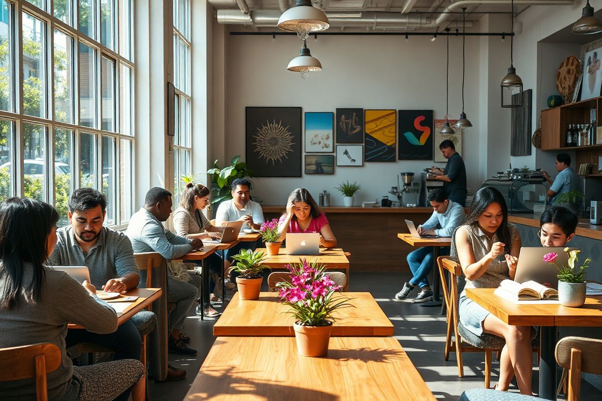 A photorealistic image depicting a serene and well-ventilated urban café setting. The scene features large windows with sunlight streaming in, illuminating the space. Inside, a diverse group of people—men and women of various ages and ethnic backgrounds—are seated at wooden tables, engaged in lively conversations. Some are working on laptops, while others enjoy meals together. Potted plants and flowers adorn the tables, adding a touch of greenery. In the background, a barista skillfully prepares coffee at the counter, creating a warm and inviting atmosphere. The café’s walls are adorned with colorful artwork, showcasing local artists. The overall ambiance conveys a sense of community and connection, emphasizing the importance of social spaces in fostering health and well-being. The image captures the essence of prevention and awareness about tuberculosis in a relaxed, everyday setting, highlighting the significance of fresh air and social interaction in reducing transmission risk.