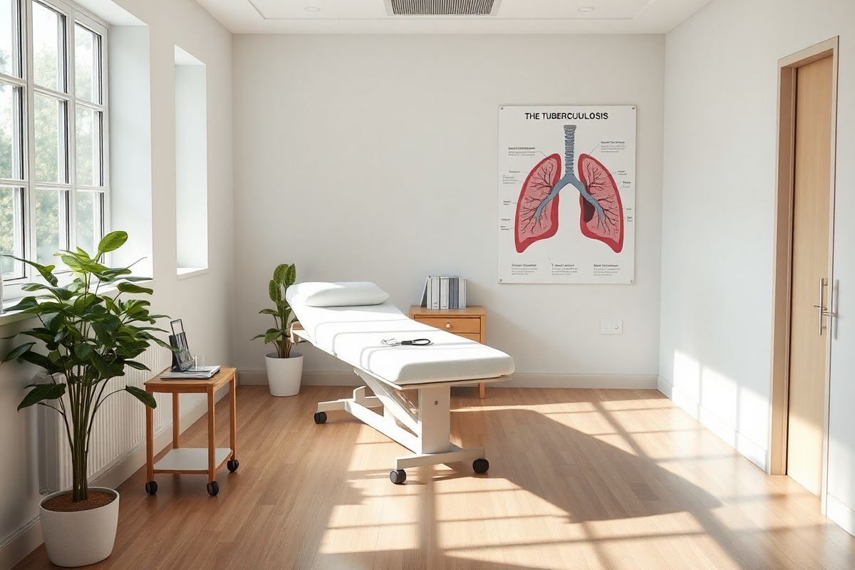 A photorealistic image depicting a serene medical examination room bathed in soft, natural light filtering through a large window. The room features a clean, minimalist design with light-colored walls and a polished wooden floor. In the center, a well-made examination table covered with a crisp white sheet invites patients to sit comfortably. Nearby, a small wooden side table holds a stethoscope and a few medical charts neatly arranged. On the wall, a large anatomical poster of the human lungs is prominently displayed, illustrating the effects of tuberculosis with labeled diagrams. A potted plant in the corner adds a touch of greenery, symbolizing hope and healing. The overall atmosphere conveys a sense of calm and professionalism, making it an inviting space for patients seeking diagnosis and treatment for tuberculosis.